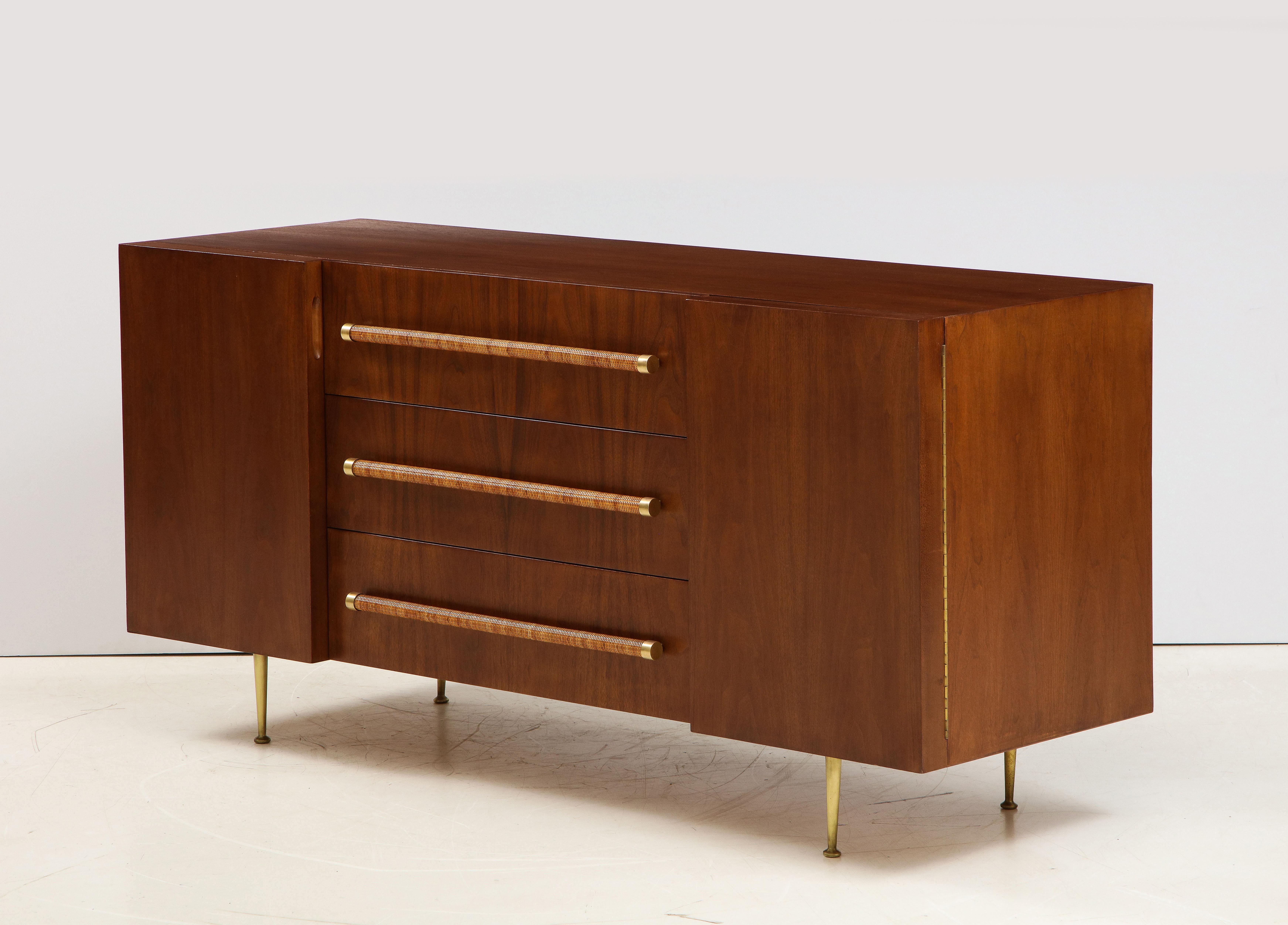 Mid-Century Modern T.H. Robsjohn-Gibbings Sideboard or Cabinet in Walnut, Rattan and Brass