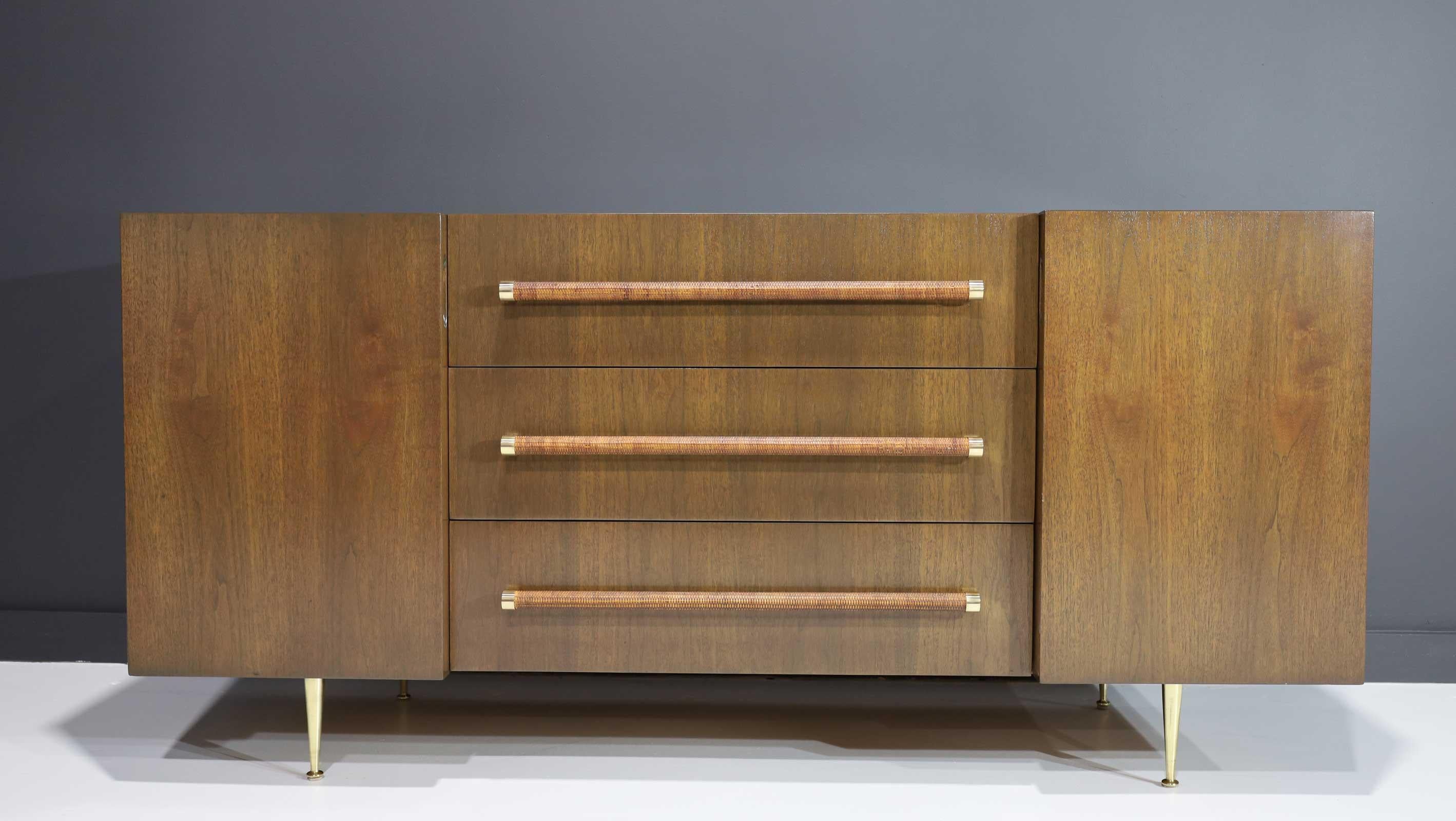 Mid-Century Modern T.H. Robsjohn-Gibbings Rare Sideboard or Cabinet in Walnut, Rattan and Brass For Sale