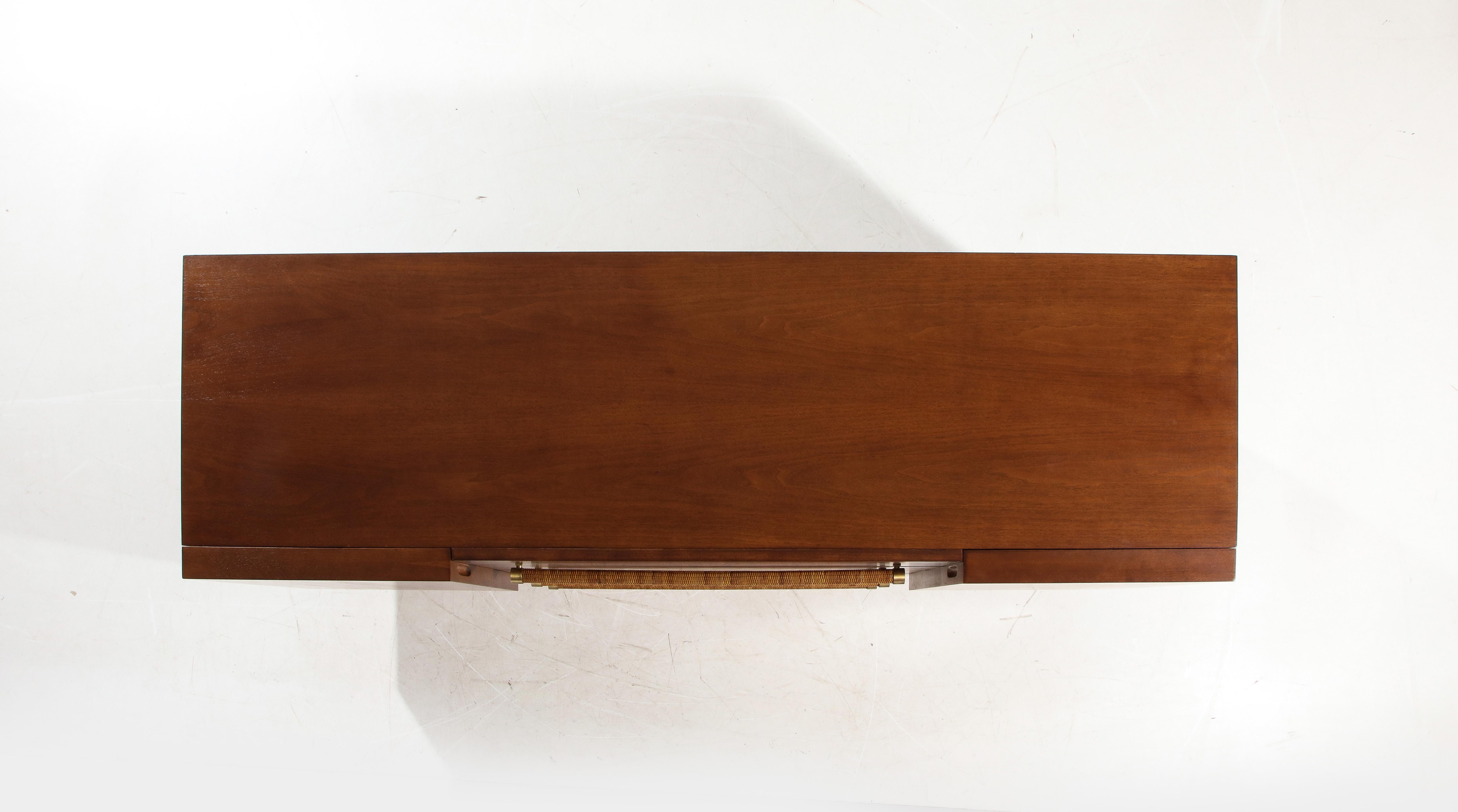 T.H. Robsjohn-Gibbings Sideboard or Cabinet in Walnut, Rattan and Brass 1