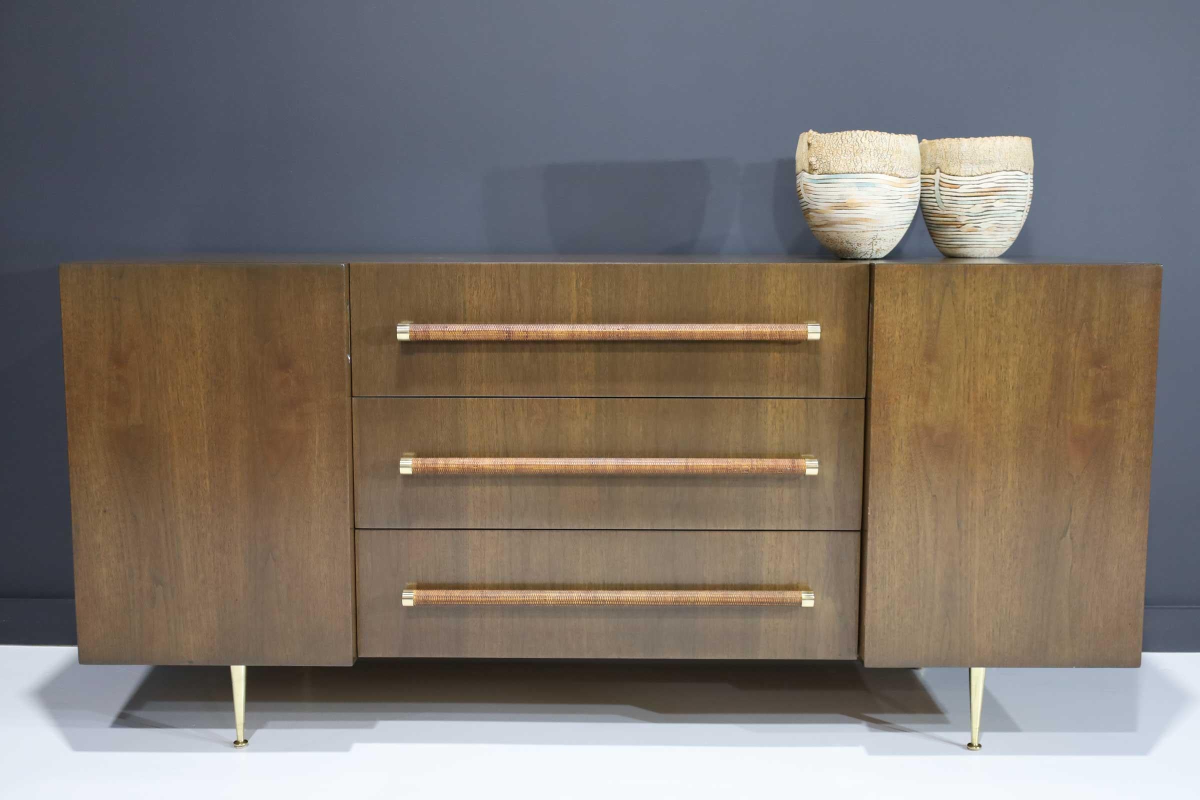 T.H. Robsjohn-Gibbings Rare Sideboard or Cabinet in Walnut, Rattan and Brass For Sale 2