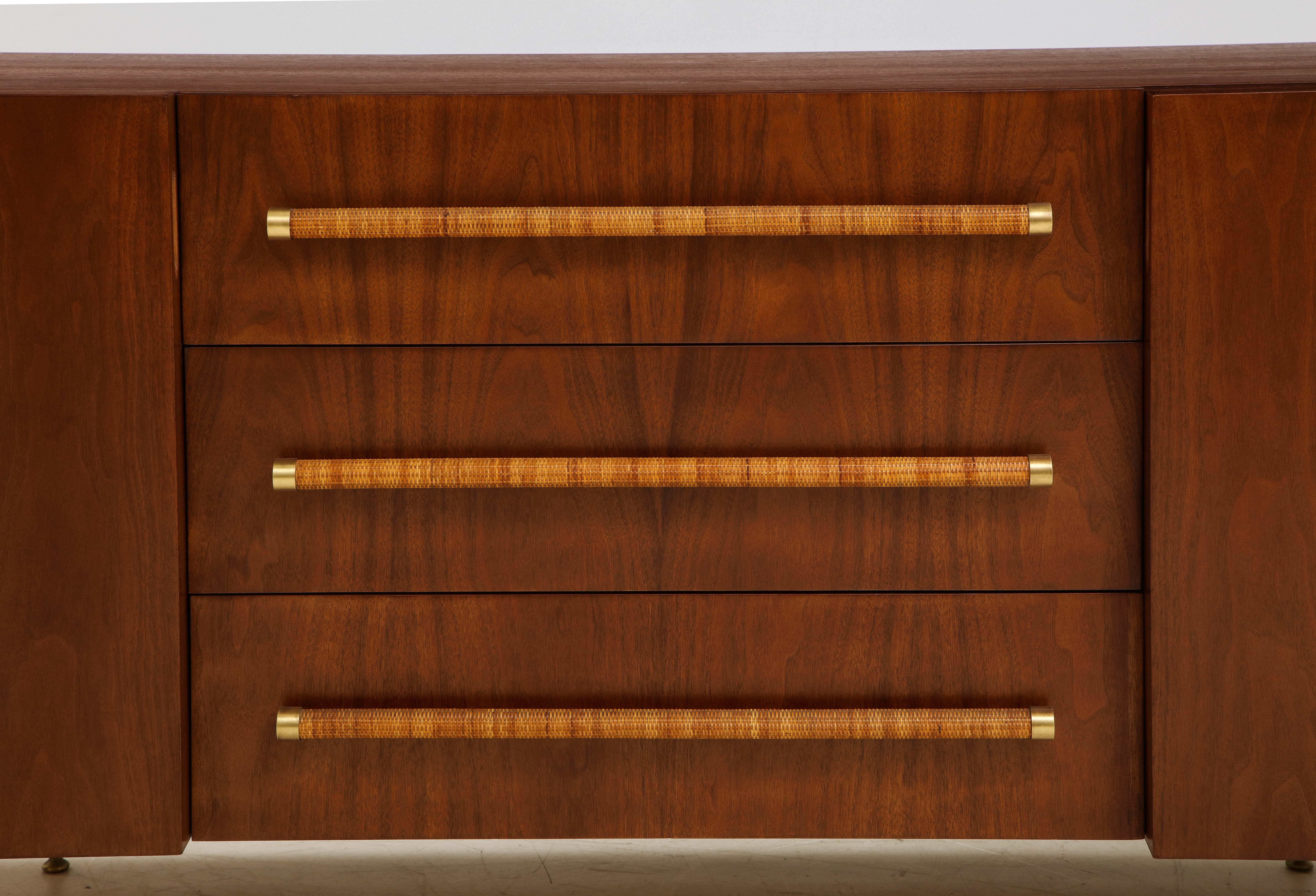 T.H. Robsjohn-Gibbings Sideboard or Cabinet in Walnut, Rattan and Brass 3