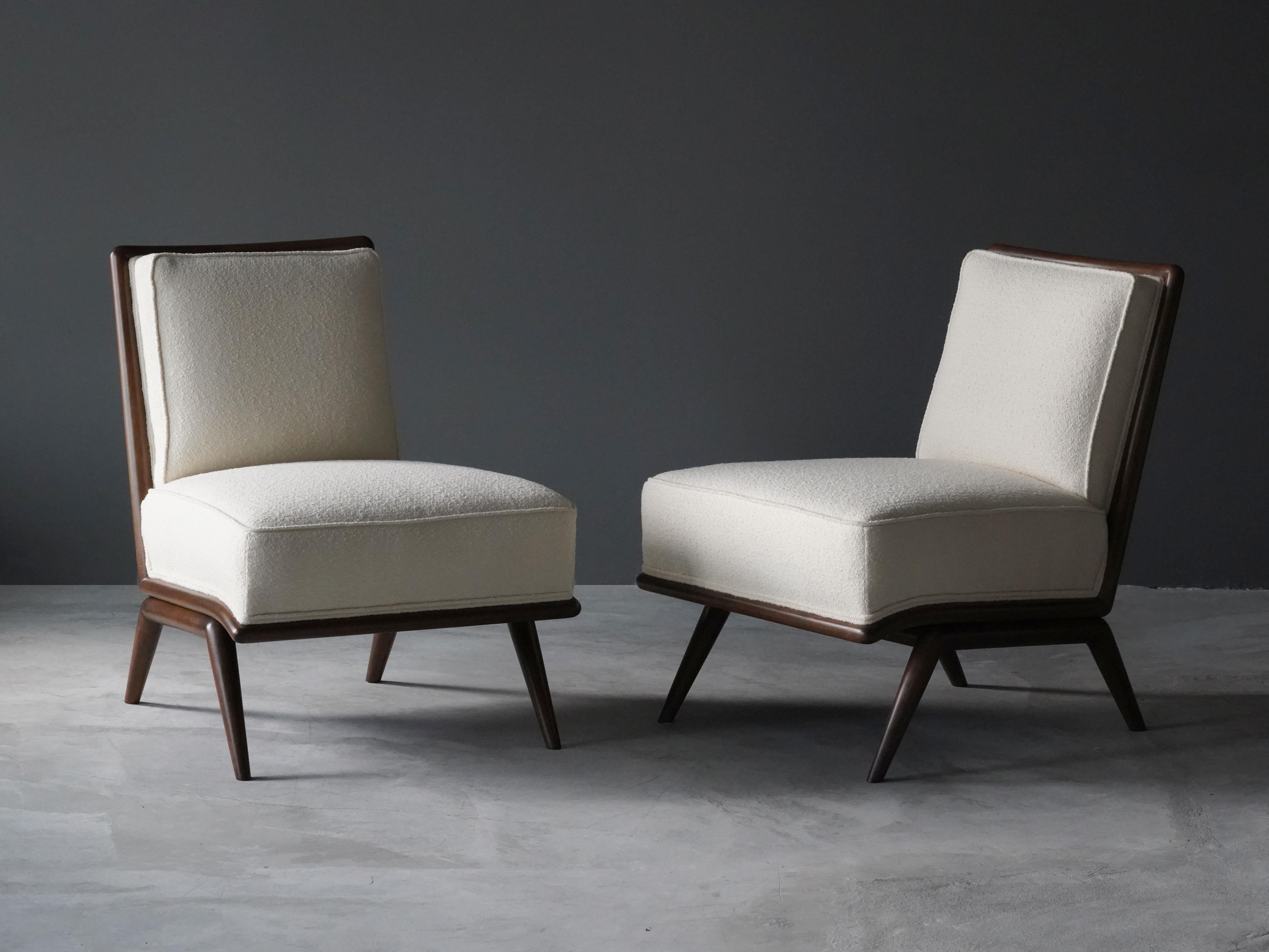 Mid-Century Modern T.H. Robsjohn-Gibbings, Rare Slipper Chairs, Walnut, White Bouclé, Widdicomb