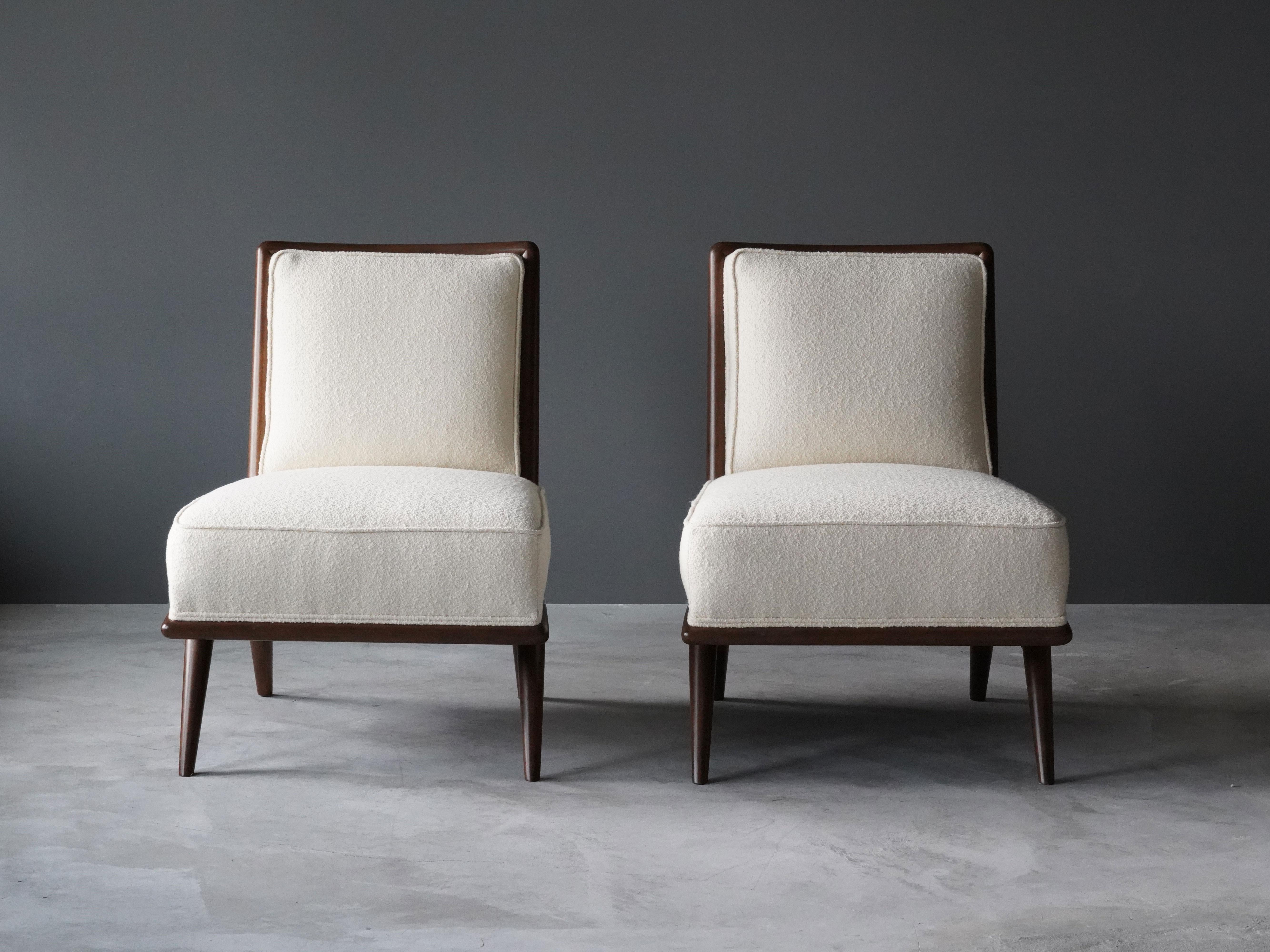 T.H. Robsjohn-Gibbings, Rare Slipper Chairs, Walnut, White Bouclé, Widdicomb In Good Condition In High Point, NC