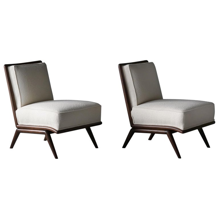 T.H. Robsjohn-Gibbings, Rare Slipper Chairs, Walnut, White Bouclé