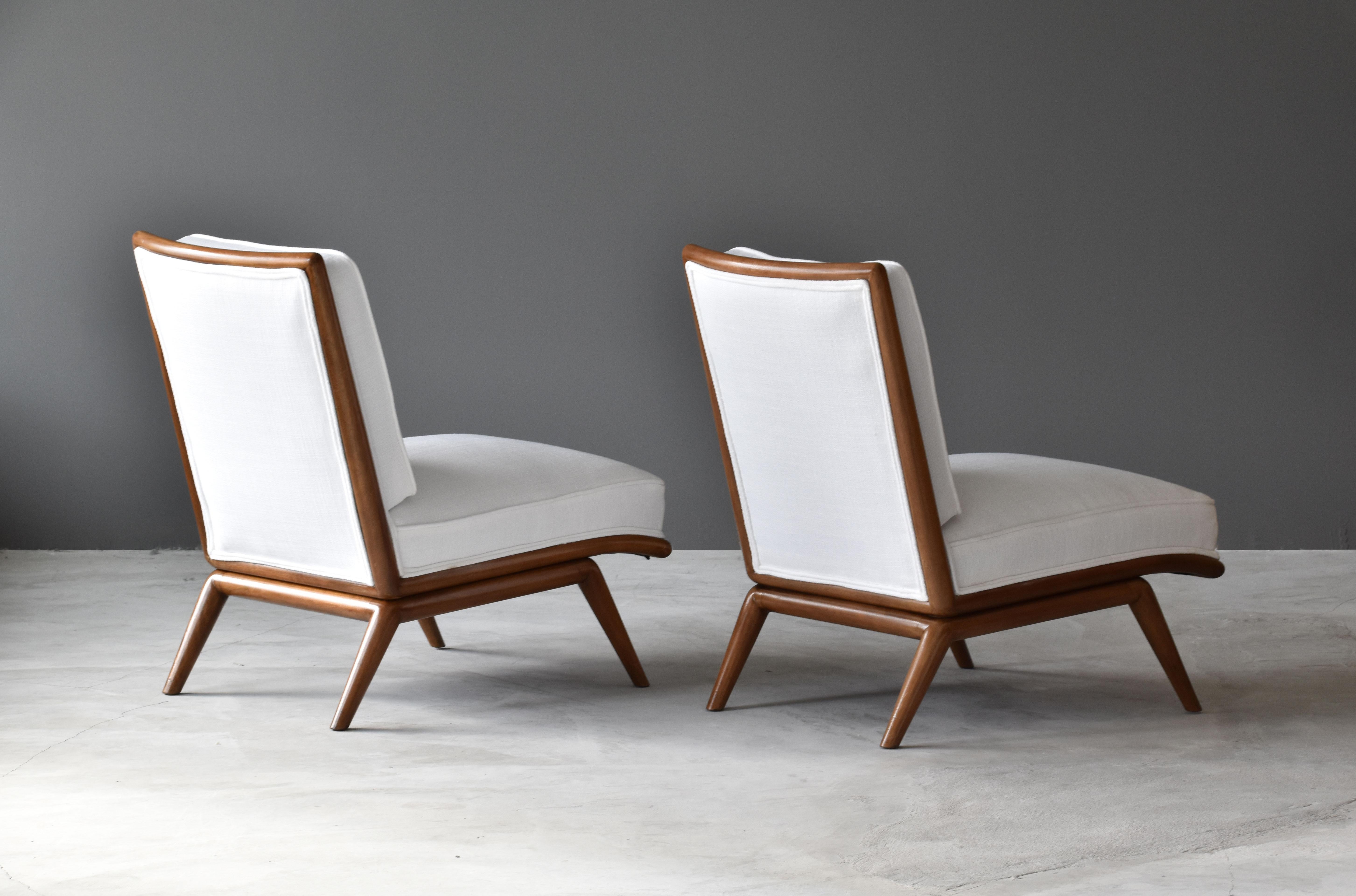 American T.H. Robsjohn-Gibbings, Rare Slipper Chairs, Walnut, White Fabric, Widdicomb