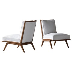 T.H. Robsjohn-Gibbings, Rare Slipper Chairs, Walnut, White Fabric, Widdicomb