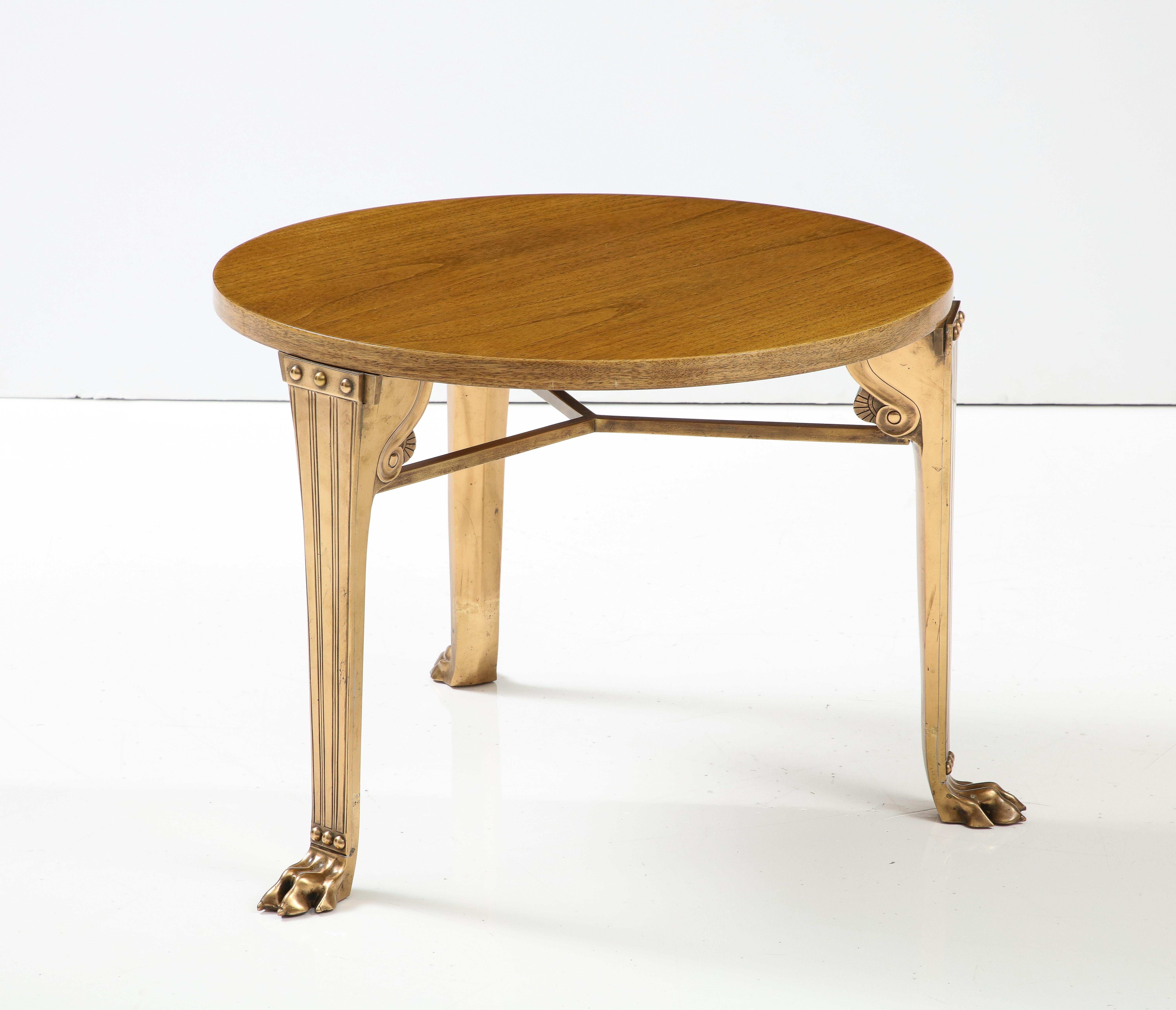 T.H. Robsjohn Gibbings 'Saridis' Tripod Walnut Table with Polished Bronze Base For Sale 6