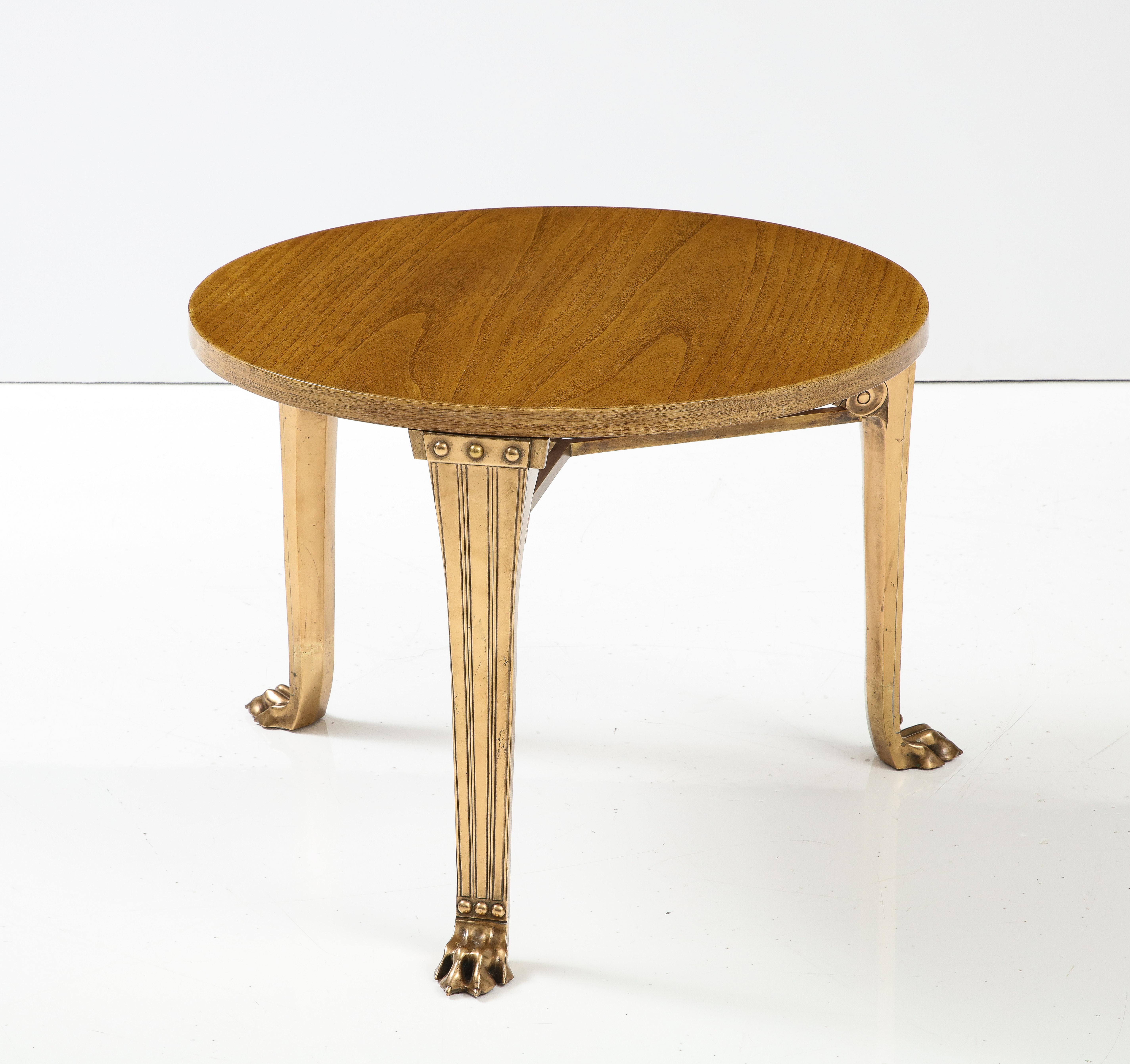 T.H. Robsjohn Gibbings 'Saridis' Tripod Walnut Table with Polished Bronze Base For Sale 8