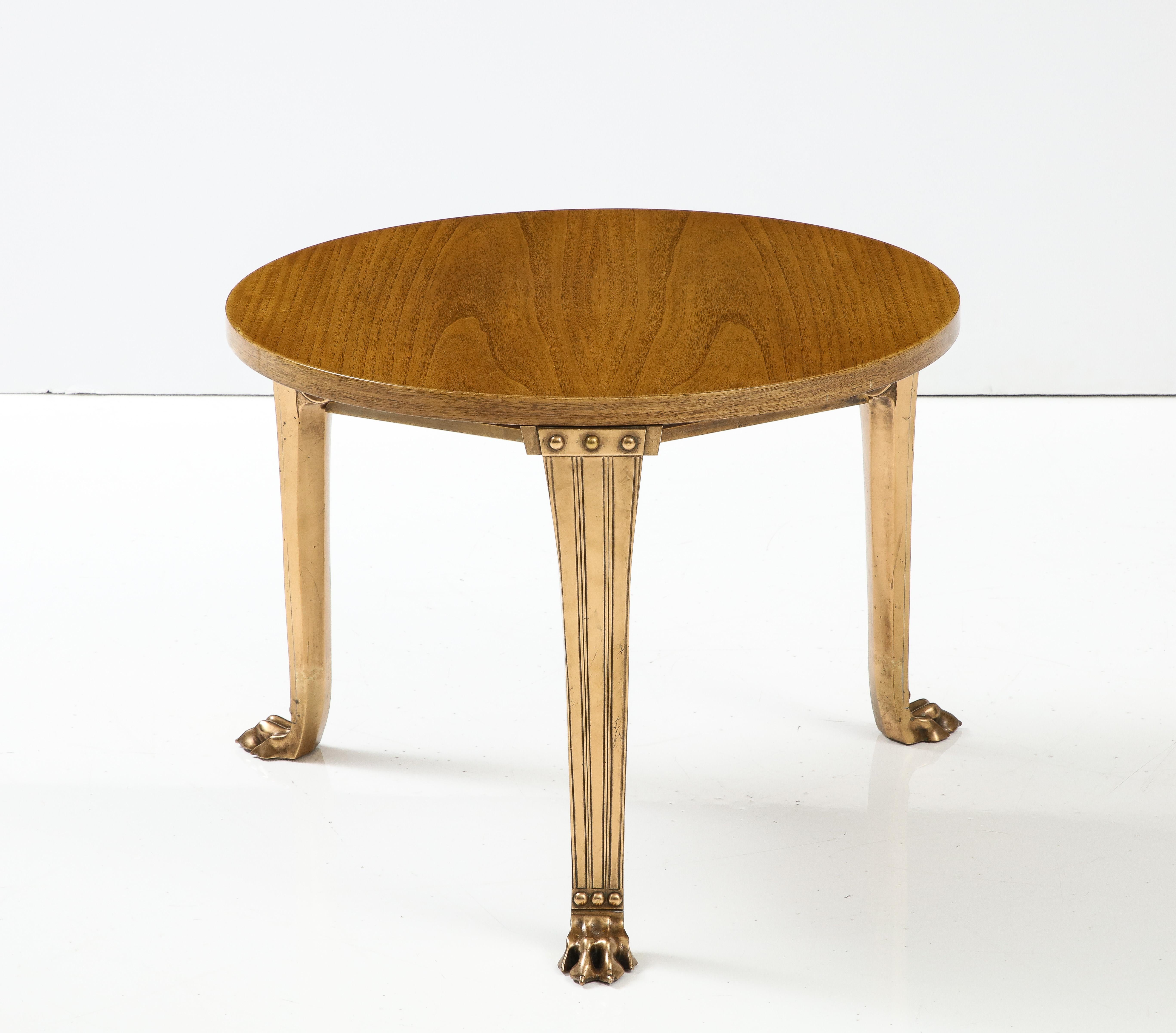T.H. Robsjohn Gibbings 'Saridis' Tripod Walnut Table with Polished Bronze Base For Sale 9
