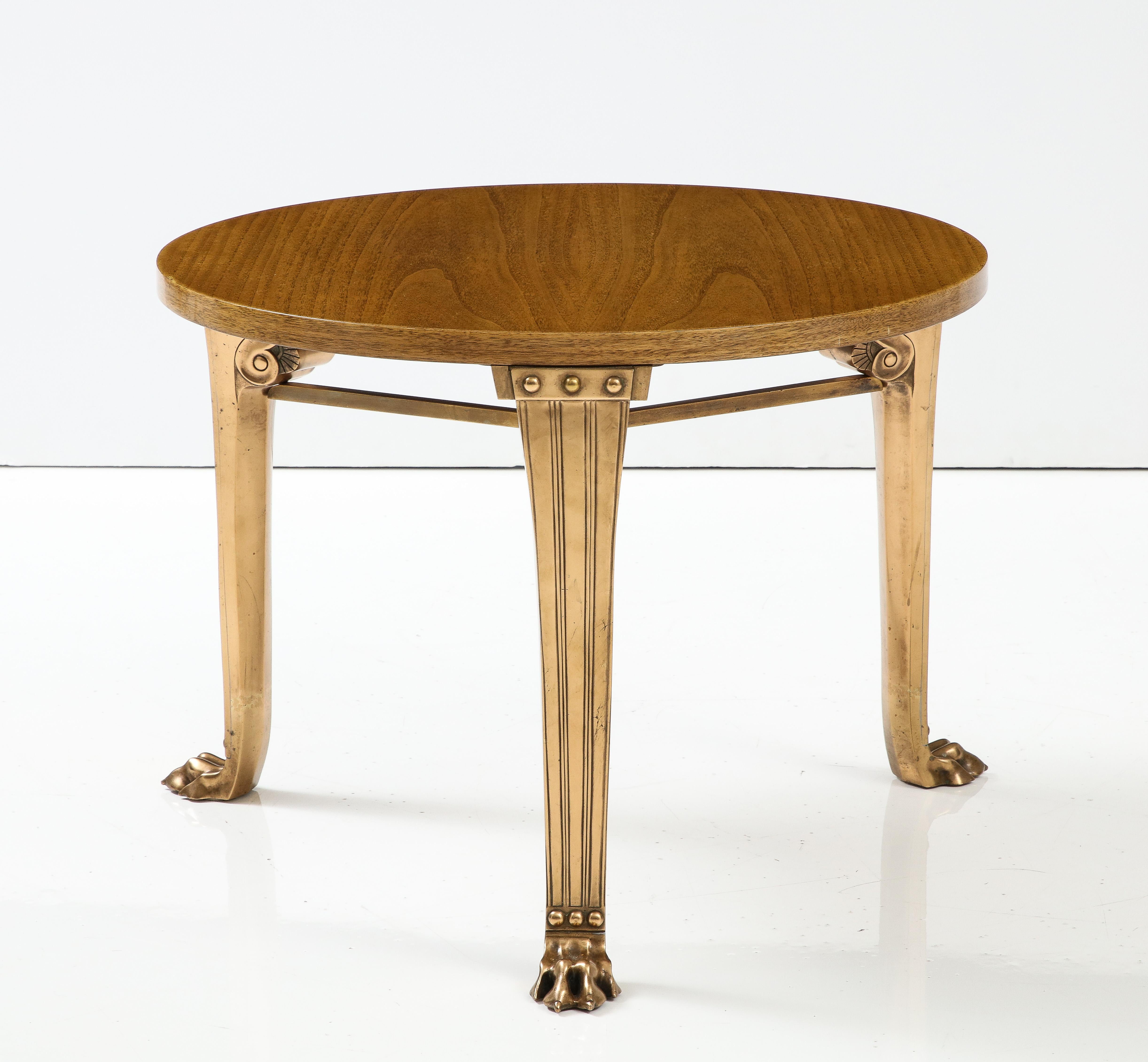 T.H. Robsjohn Gibbings 'Saridis' Tripod Walnut Table with Polished Bronze Base For Sale 10