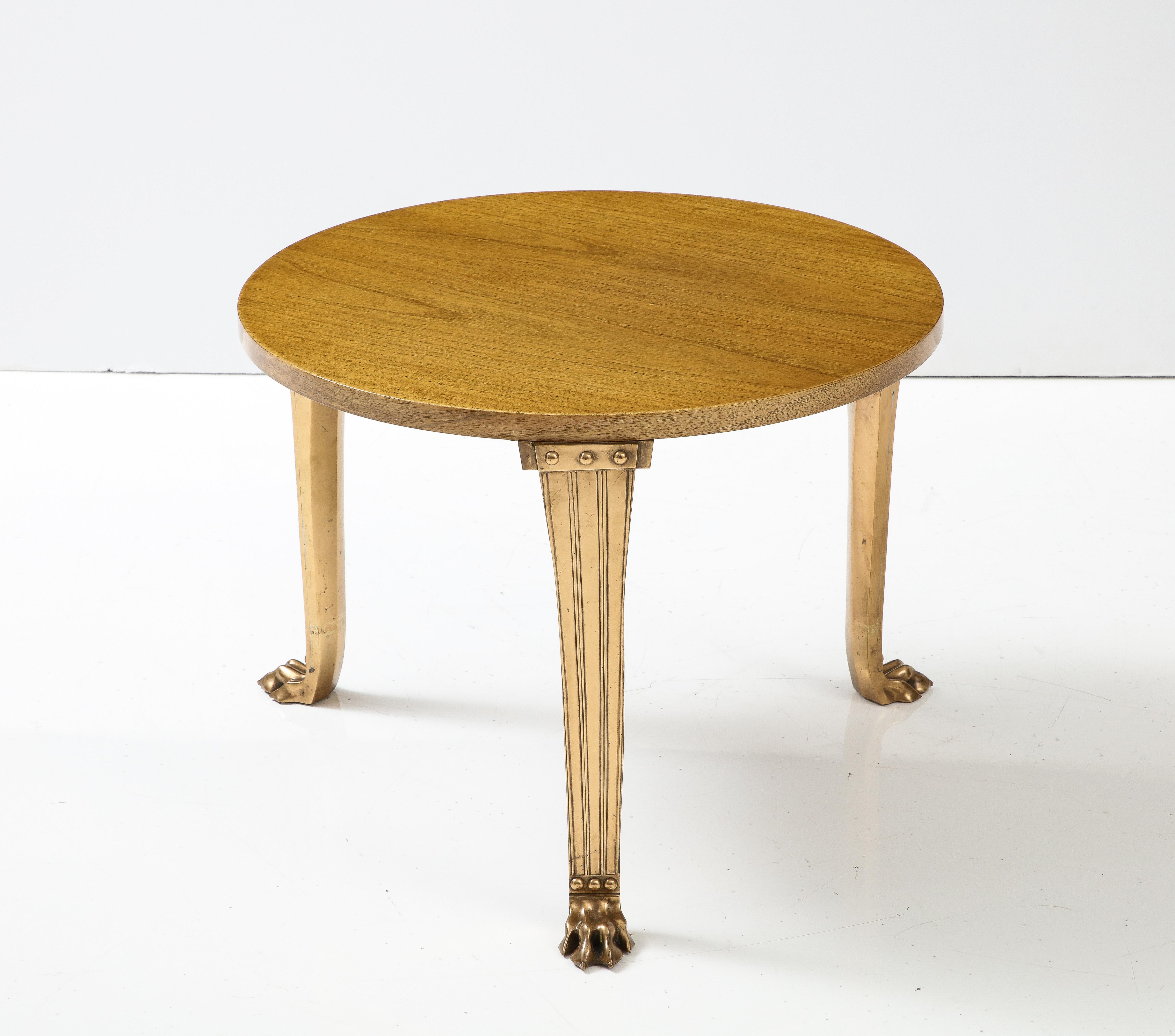Mid-Century Modern T.H. Robsjohn Gibbings 'Saridis' Tripod Walnut Table with Polished Bronze Base For Sale