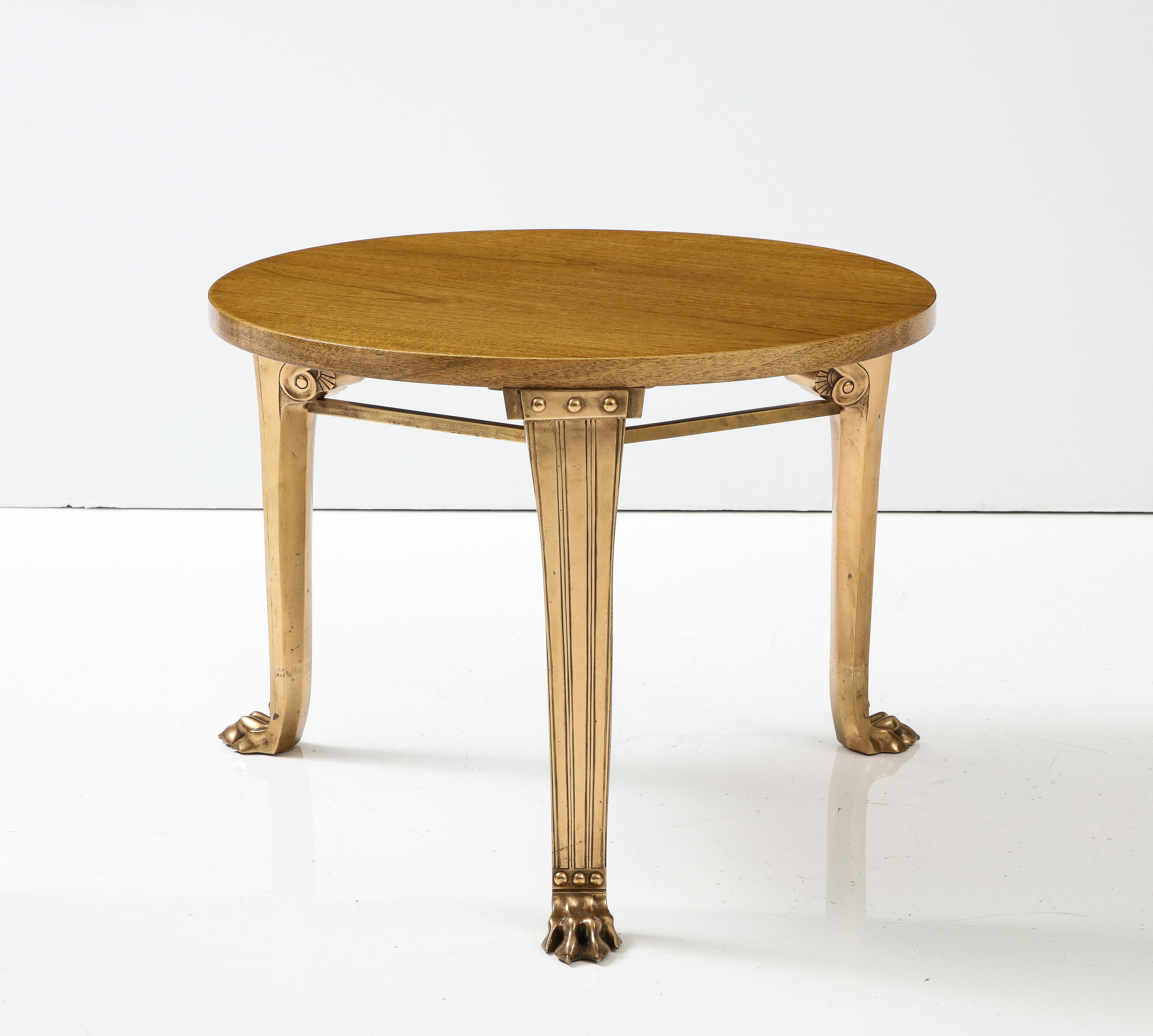 Mid-20th Century T.H. Robsjohn Gibbings 'Saridis' Tripod Walnut Table with Polished Bronze Base For Sale
