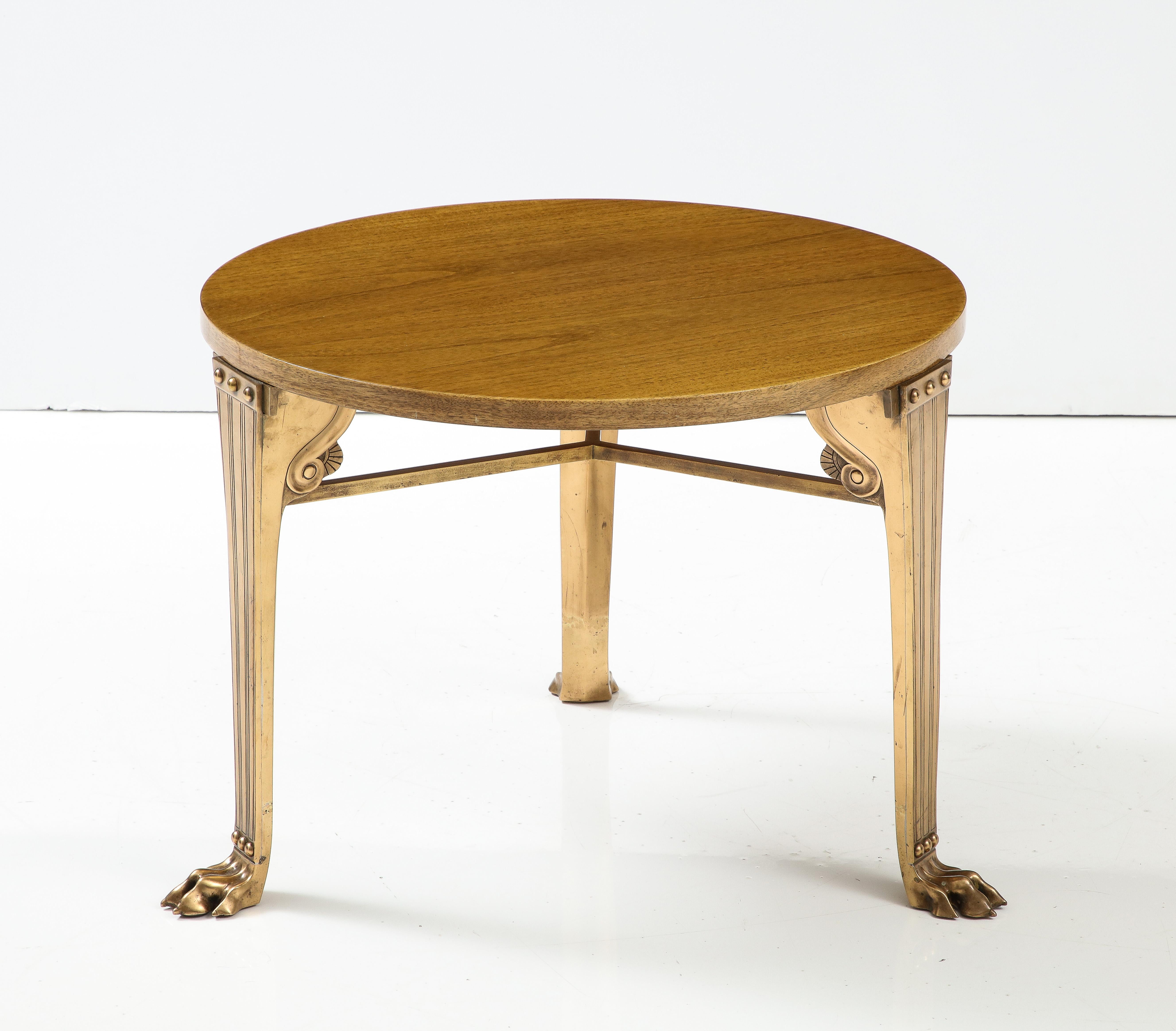 T.H. Robsjohn Gibbings 'Saridis' Tripod Walnut Table with Polished Bronze Base For Sale 3