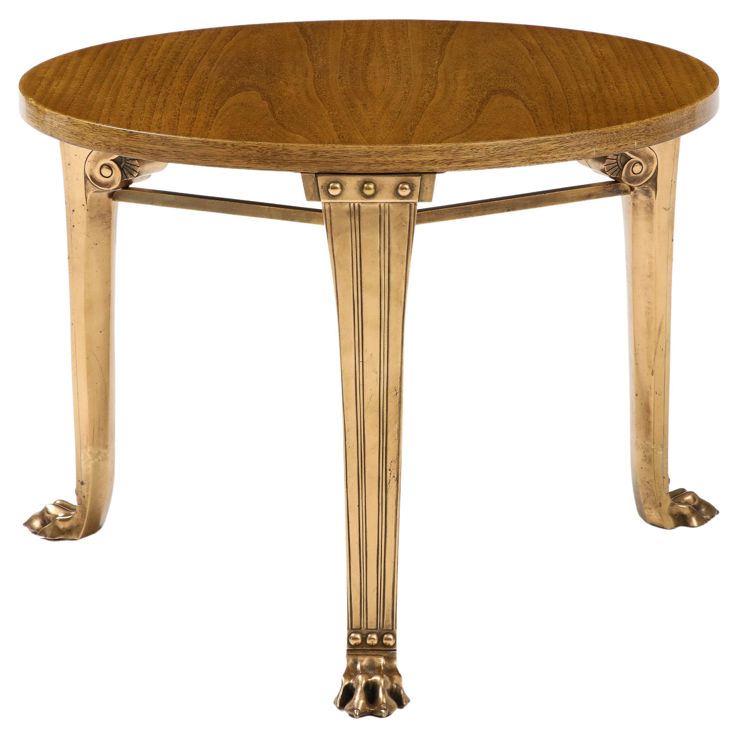 T.H. Robsjohn Gibbings 'Saridis' Tripod Walnut Table with Polished Bronze Base For Sale