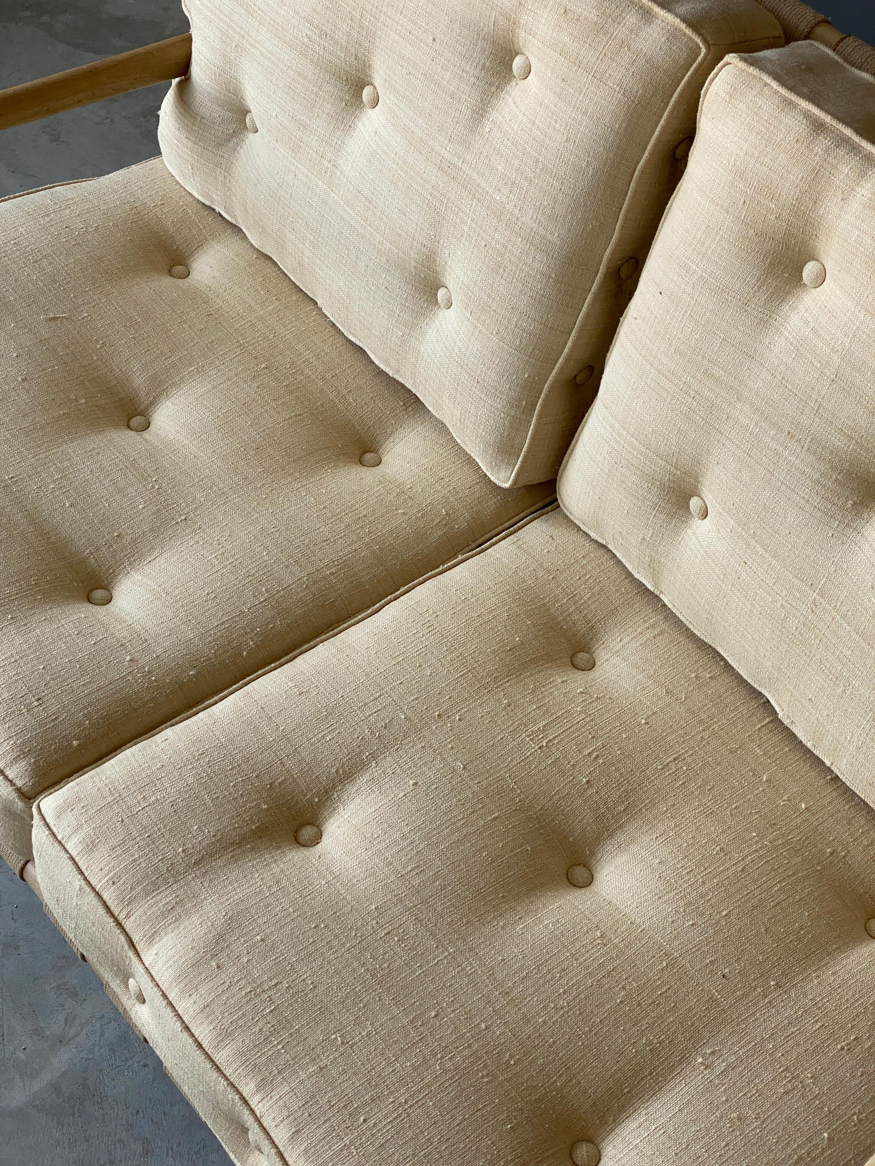 American T.H. Robsjohn-Gibbings, Settee, Walnut, Webbing, Beige Fabric, Widdicomb, 1950s