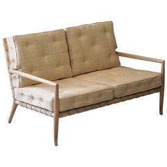 T.H. Robsjohn-Gibbings, Settee, Walnut, Webbing, Beige Fabric, Widdicomb, 1950s