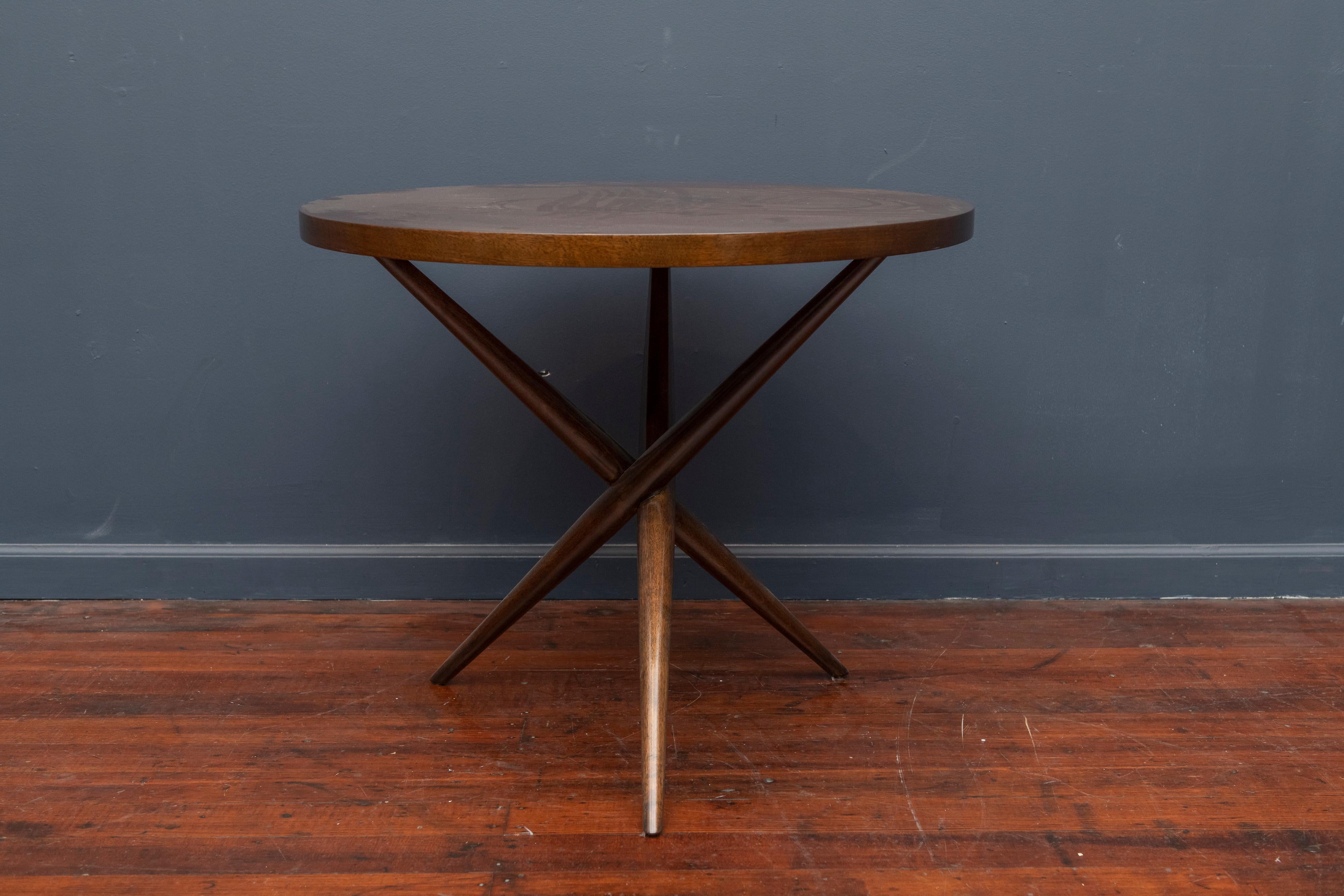 T.H. Robsjohn-Gibbings design x-base mahogany lamp table for Widdicomb Furniture co. Newly refinished and labeled.