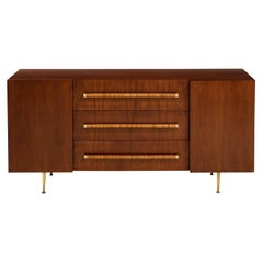 T.H. Robsjohn-Gibbings Sideboard or Cabinet in Walnut, Rattan and Brass
