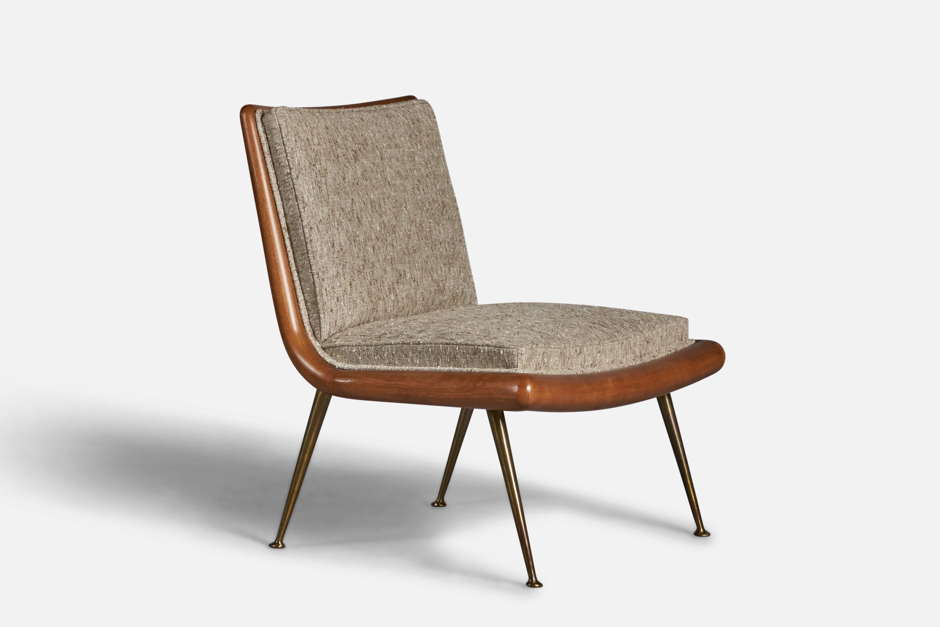 A brass, walnut and beige fabric slipper chair designed by T.H. Robsjohn-Gibbings and produced by Widdicomb, USA, 1950s.

16” seat height
