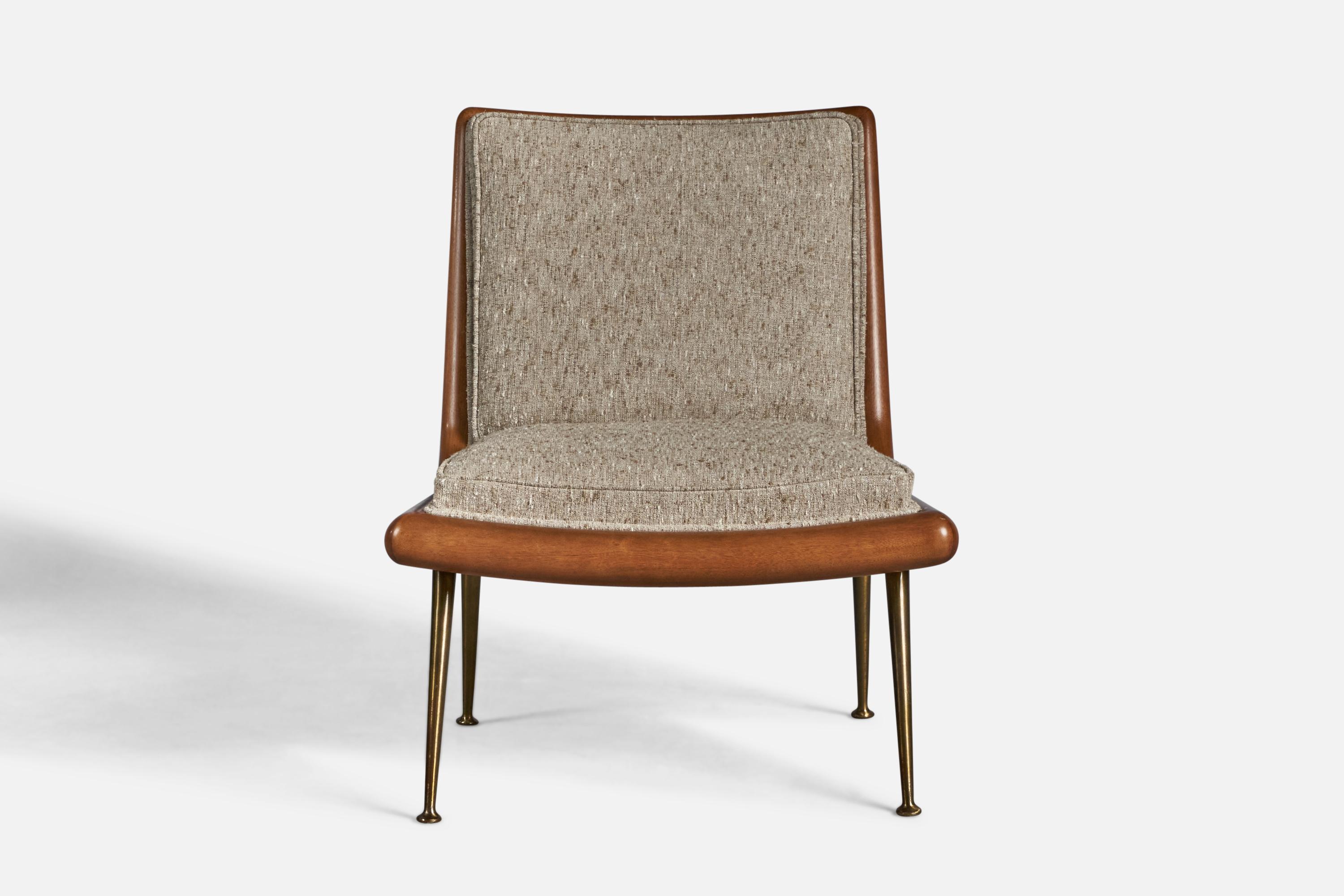 Mid-Century Modern T.H. Robsjohn-Gibbings, Slipper Chair, Walnut, Brass, Fabric, USA, 1950s For Sale