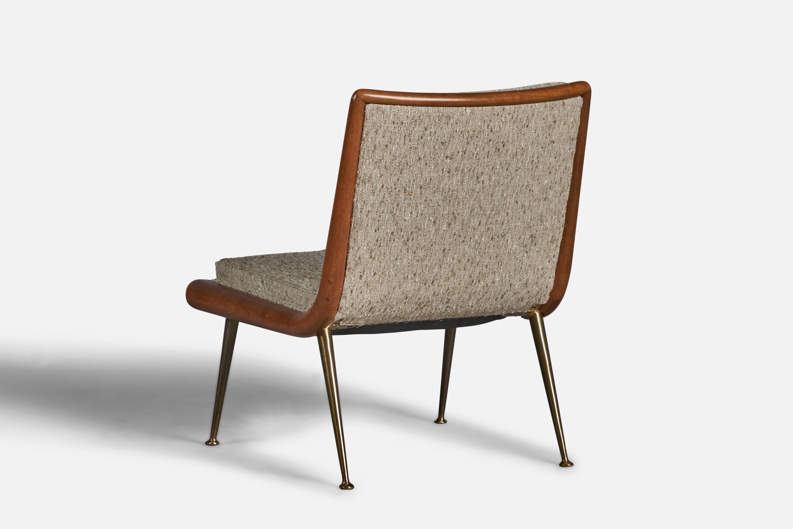American T.H. Robsjohn-Gibbings, Slipper Chair, Walnut, Brass, Fabric, USA, 1950s For Sale
