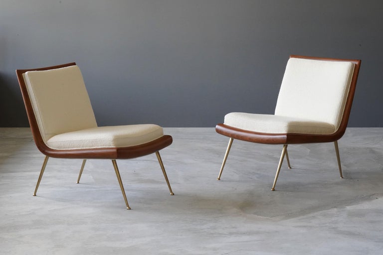 T.H. Robsjohn-Gibbings, Slipper Chairs, Brass, Walnut, White Bouclé