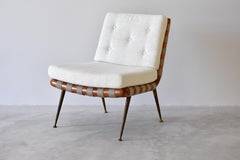 T.H. Robsjohn-Gibbings, Slipper or Lounge Chair, Walnut, Fabric, Brass, 1950s