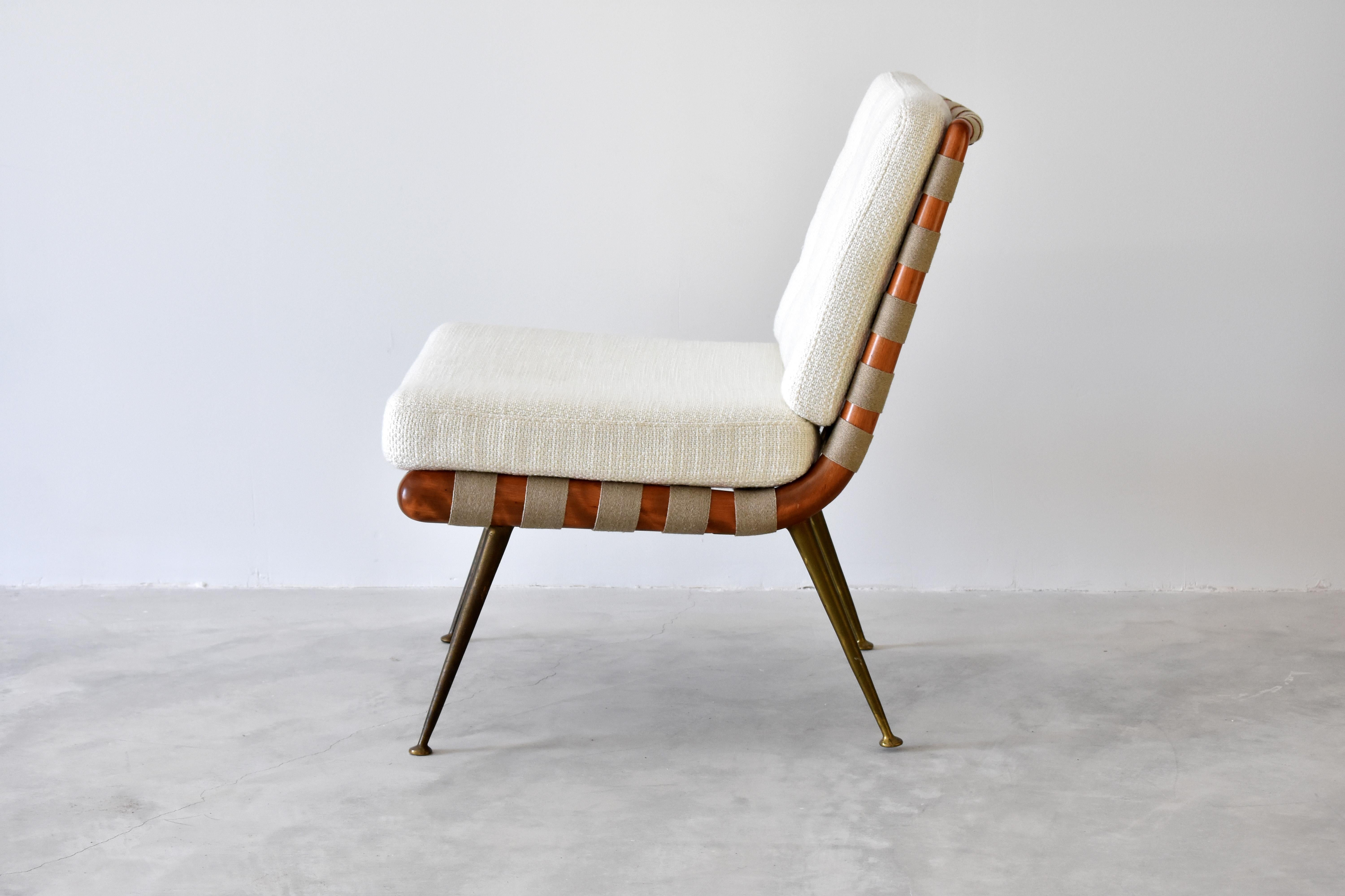 Mid-Century Modern T.H. Robsjohn-Gibbings, Slipper or Lounge Chair, Walnut, Fabric, Brass, 1950s
