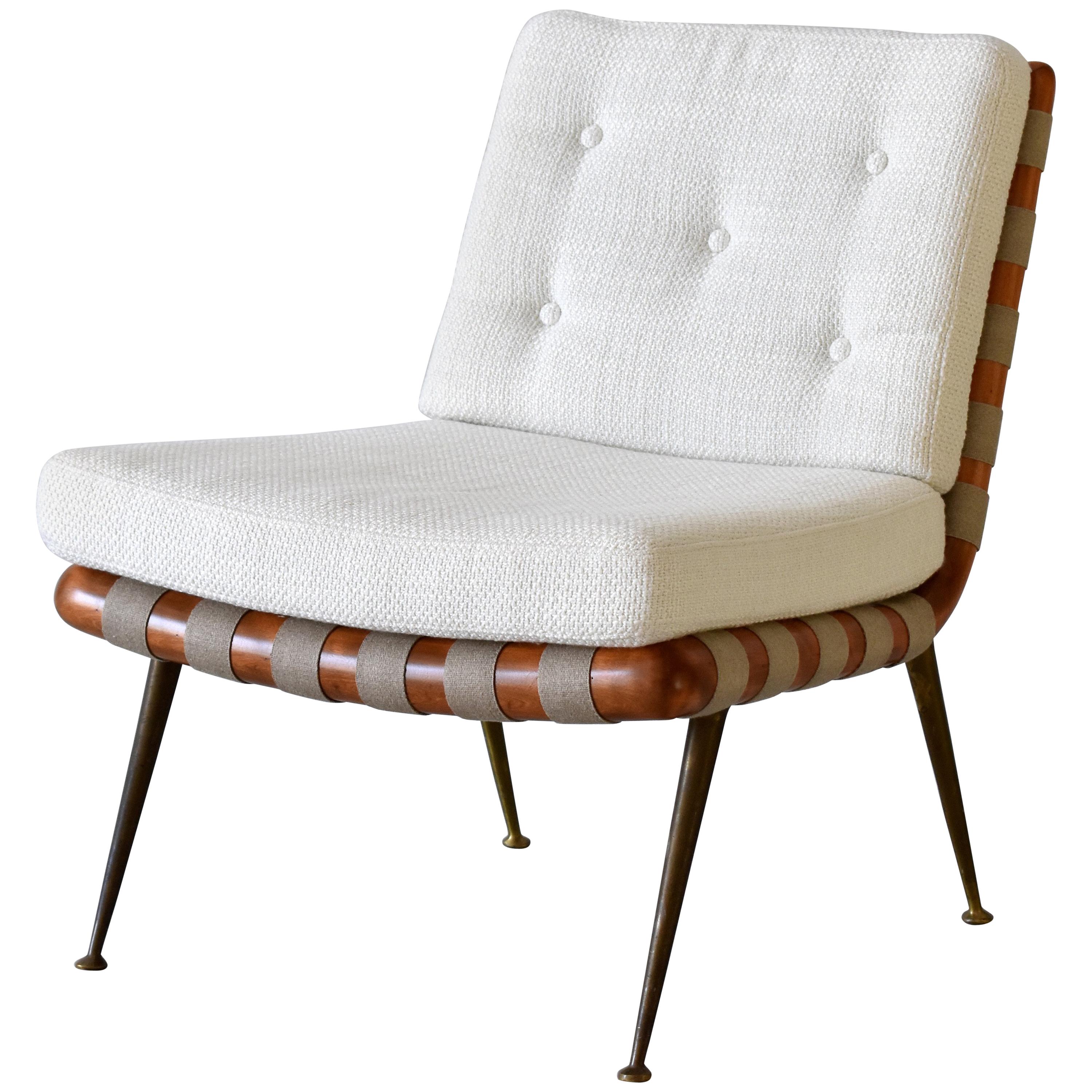 T.H. Robsjohn-Gibbings, Slipper or Lounge Chair, Walnut, Fabric, Brass, 1950s