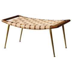 Retro T.H. Robsjohn-Gibbings, Small Bench Walnut, Webbing, Brass, Widdicomb, 1950s