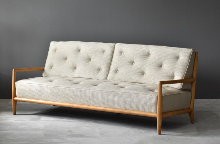 T H Robsjohn Gibbings Sofa Bleached Walnut Beige Fabric