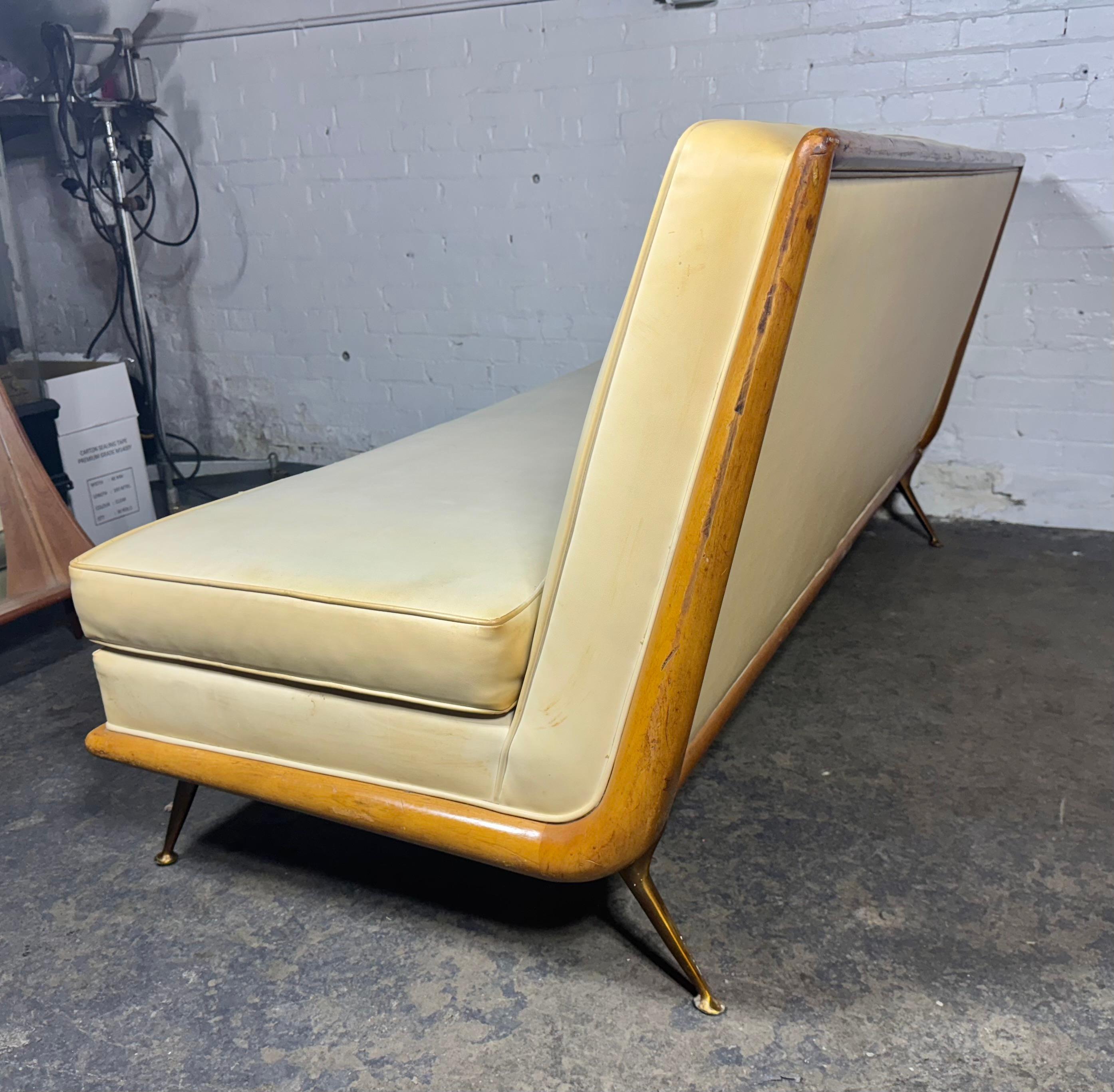 T.H. Robsjohn-Gibbings Sofa, for Widdicomb Model 1727 c.1950 / walnut & brass In Good Condition For Sale In Buffalo, NY