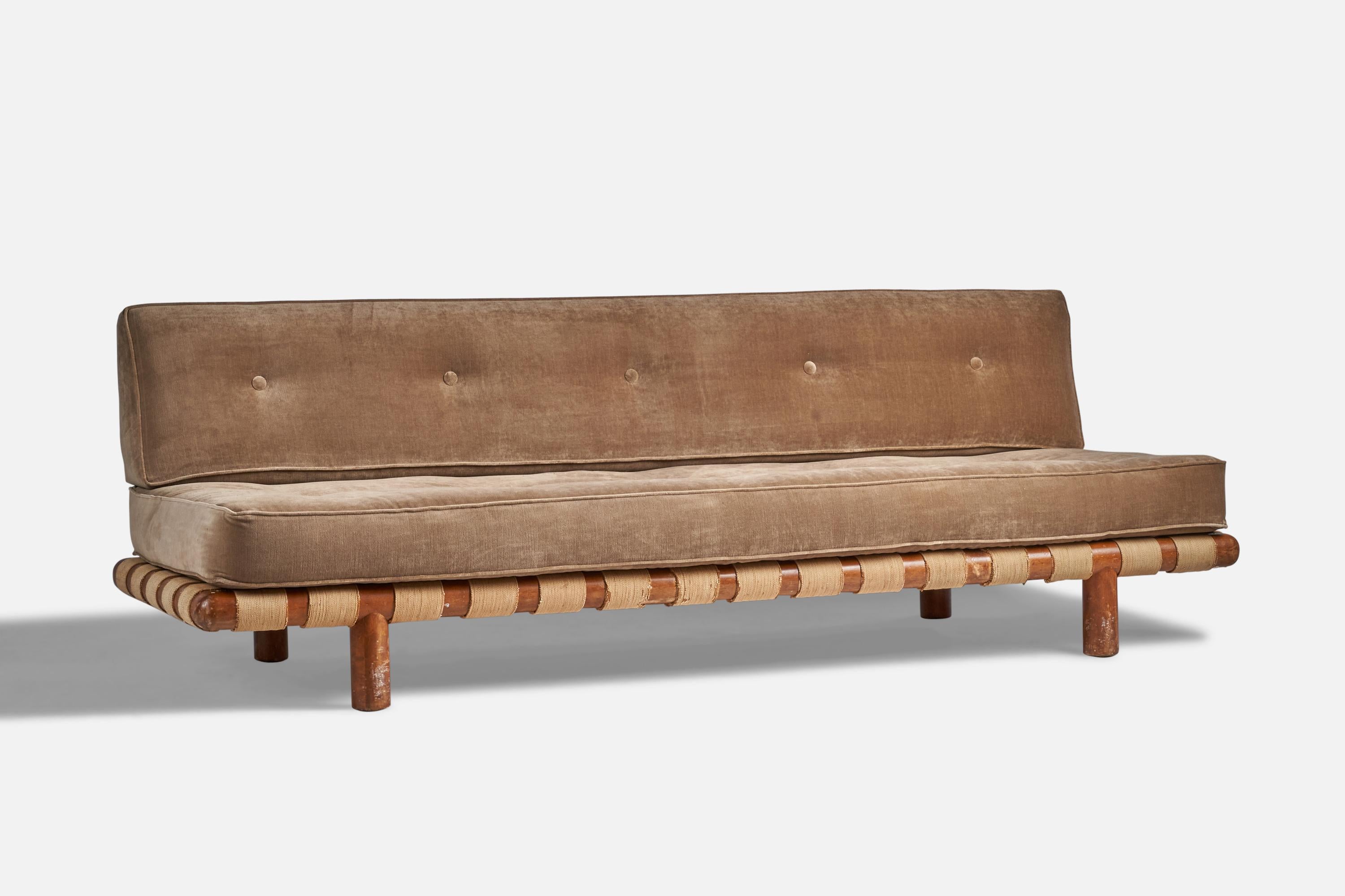 A walnut, beige canvas webbing and brown velvet sofa designed by T.H. Robsjohn-Gibbings and produced by Widdicomb Furniture Company, Grand Rapids, Michigan, USA, 1950s.

16” seat height
