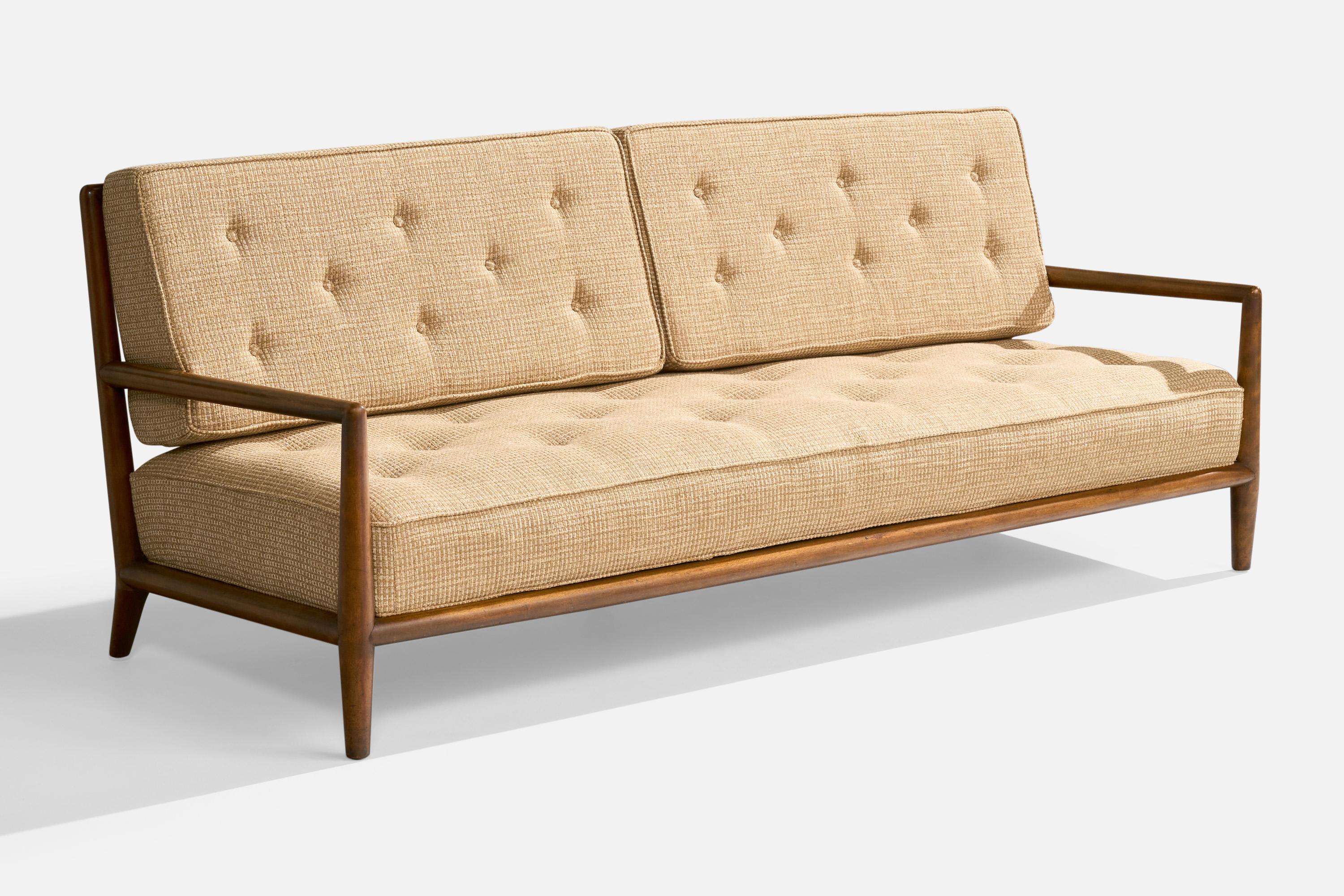 A walnut and beige fabric sofa designed by T.H. Robsjohn-Gibbings and produced by Widdicomb, USA, c. 1950s.

Reupholstered in brand new fabric.

Dimensions: 34.5” H x 83.5” W x 33.25” D

Seat Height: 16”

All upholstered furniture can be