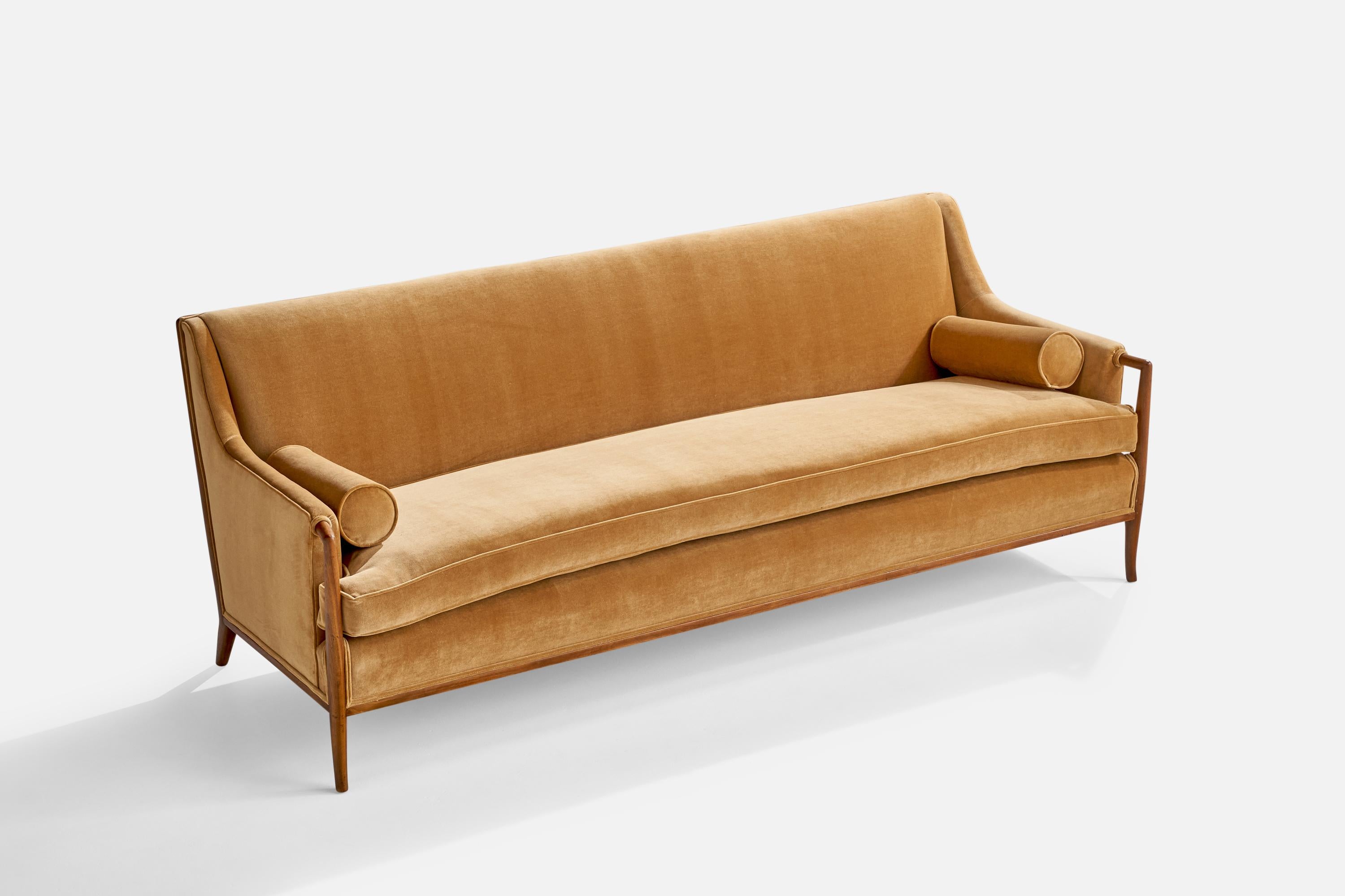 A walnut and beige velvet fabric sofa designed by T.H. Robsjohn-Gibbings and produced by Widdicomb Furniture Company, Grand Rapids, Michigan, USA, 1950s.

Seat height 19.5”