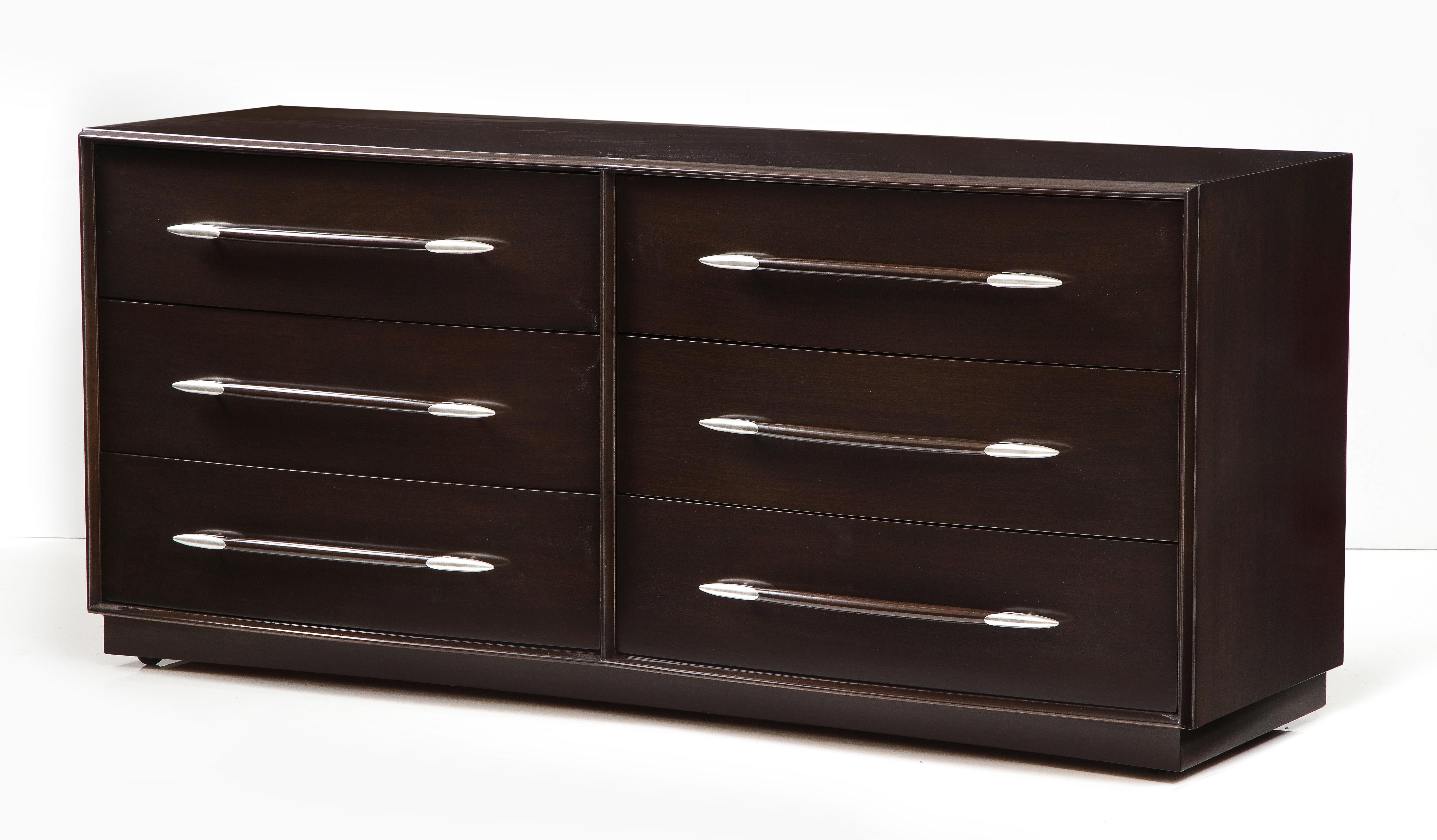 Midcentury 6-drawer double bowed front Walnut dresser in a custom dark chocolate brown stain with stylized spear handles tipped in nickel points.