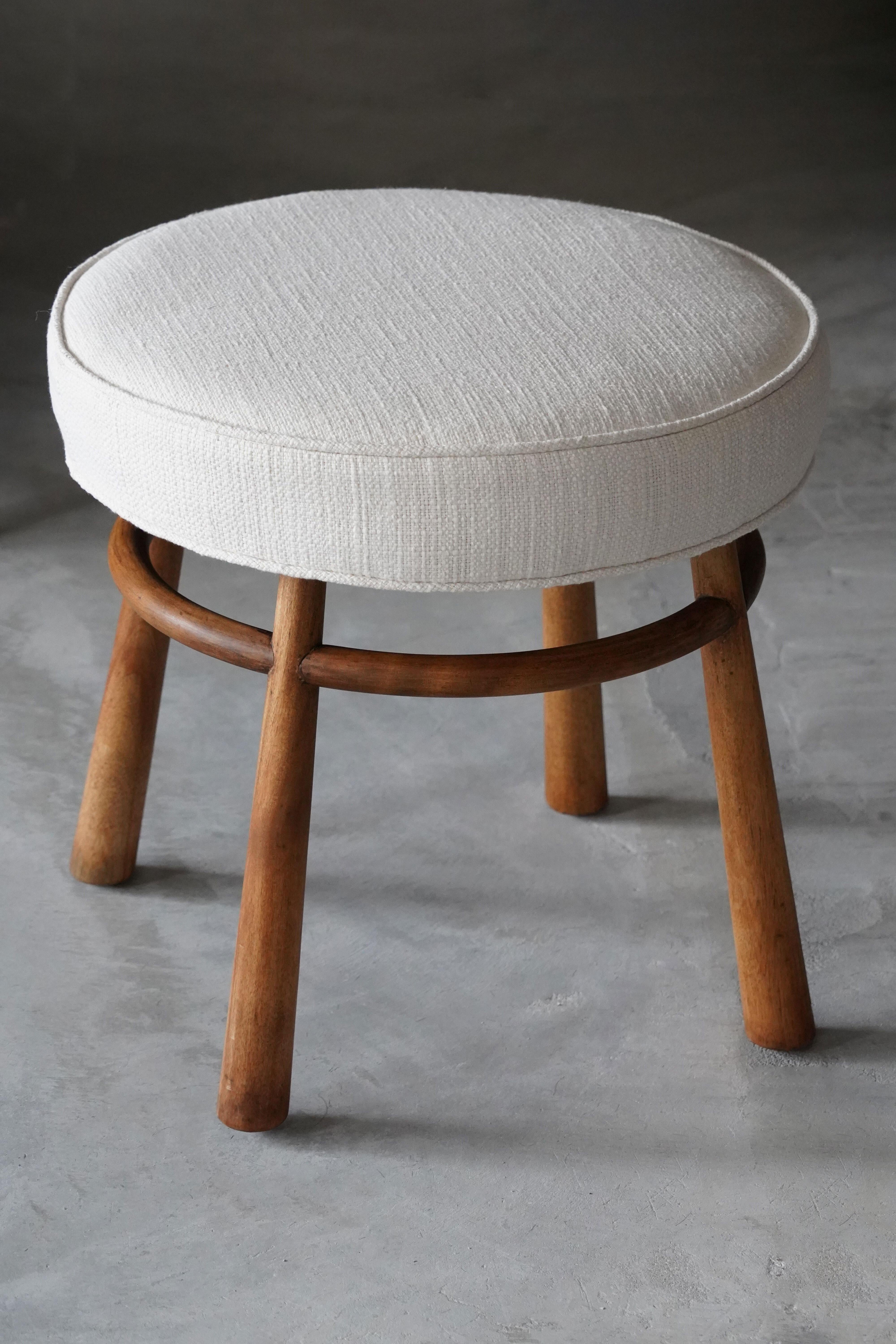 A rare stool designed by T.H. Robsjohn-Gibbings. Produced by Widdicomb Furniture Company in Grand Rapids, Michigan, circa 1950s. Executed in walnut and fabric. Labeled. 

Other American designers of the period include Edward Wormley, George