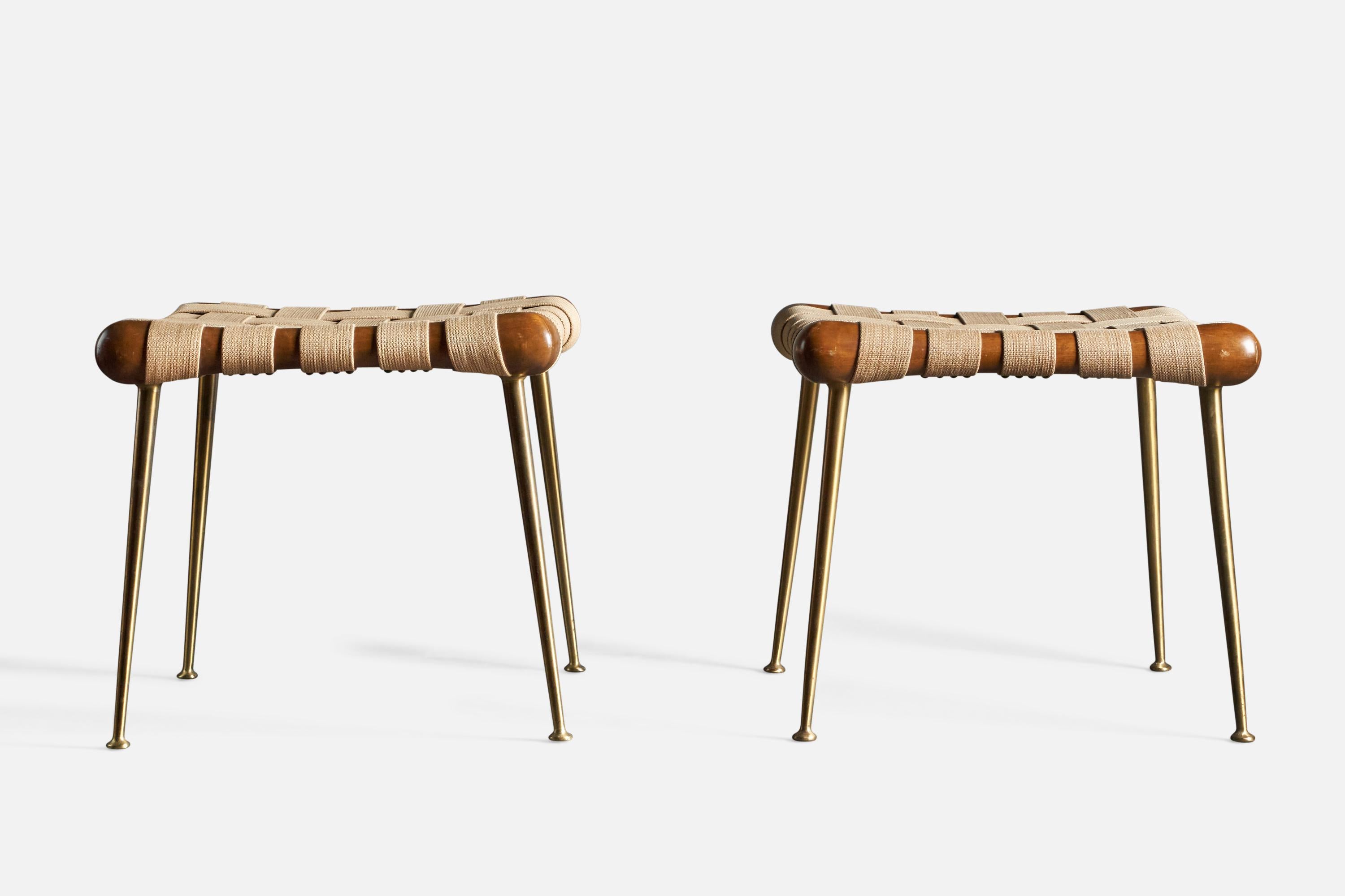 A pair of cotton, brass, and walnut stools, designed by T.H. Robsjohn-Gibbings, and produced by Widdicomb, Grand Rapids, Michigan, USA, 1950s.