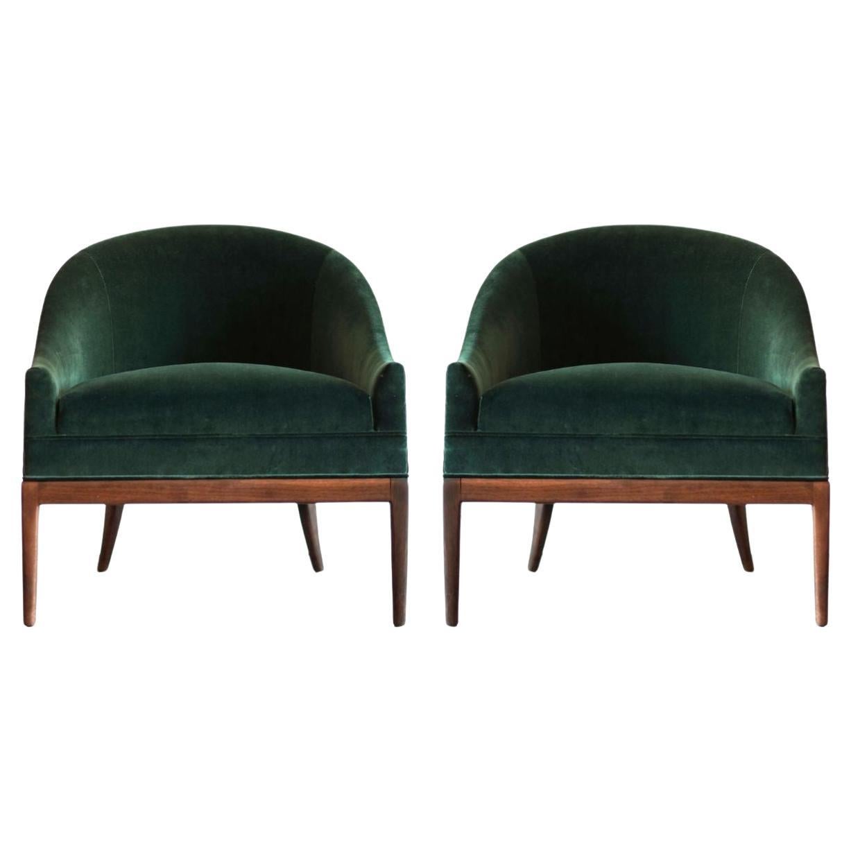 T.H. Robsjohn-Gibbings Style Lounge Chairs in Emerald Velvet, C. 1950s