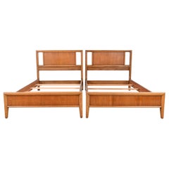 T.H. Robsjohn-Gibbings Style Mid-Century Modern Sculpted Walnut Twin Beds, Pair