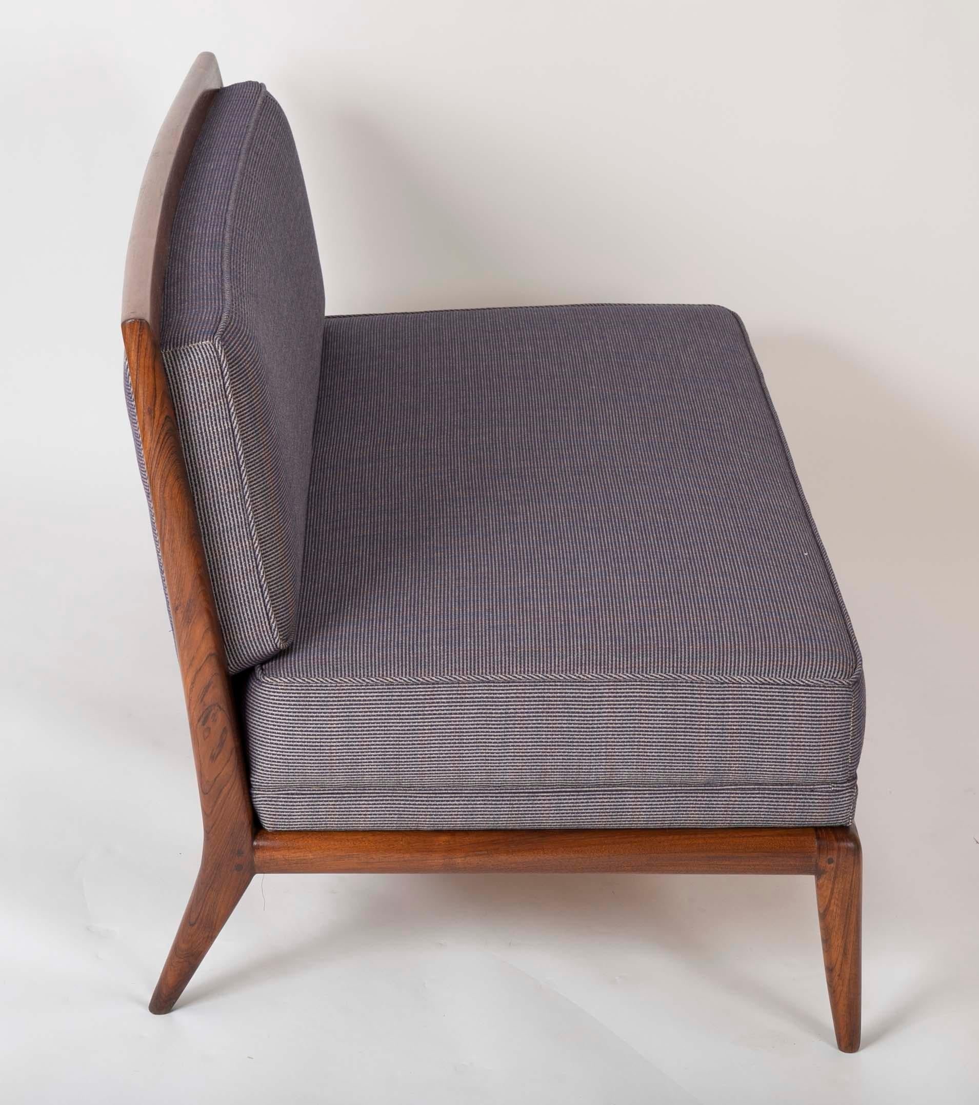 Mid-20th Century T.H. Robsjohn Gibbings Style Open Arm Settee in Walnut and Delany & Long Fabric