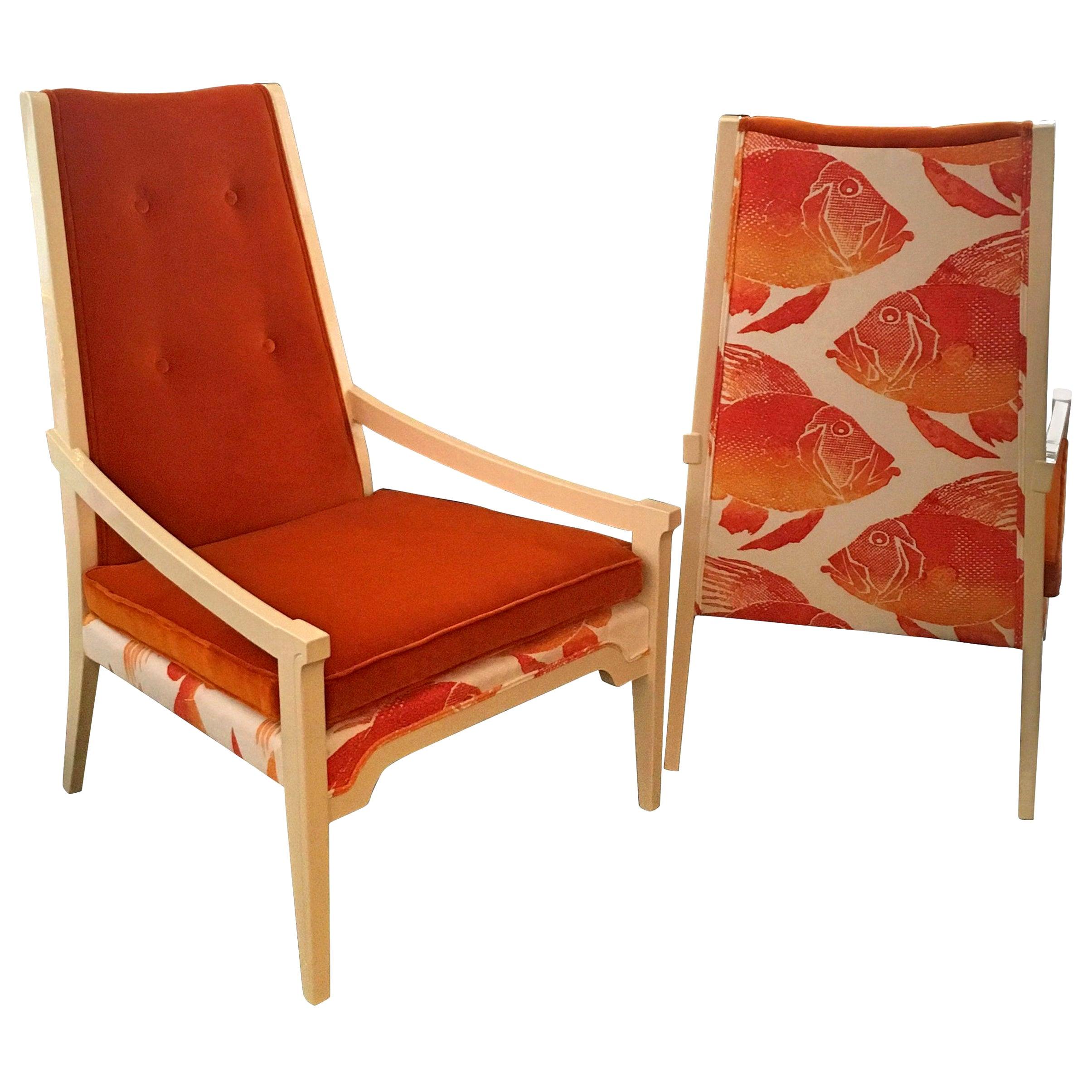 T.H. Robsjohn-Gibbings Style Orange Velvet & White Linen Arm Lounge Chairs, Pair For Sale