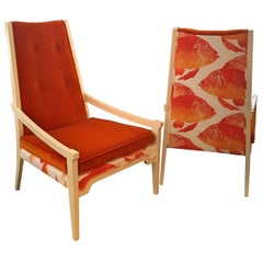 T.H. Robsjohn-Gibbings Style Orange Velvet & White Linen Arm Lounge Chairs, Pair