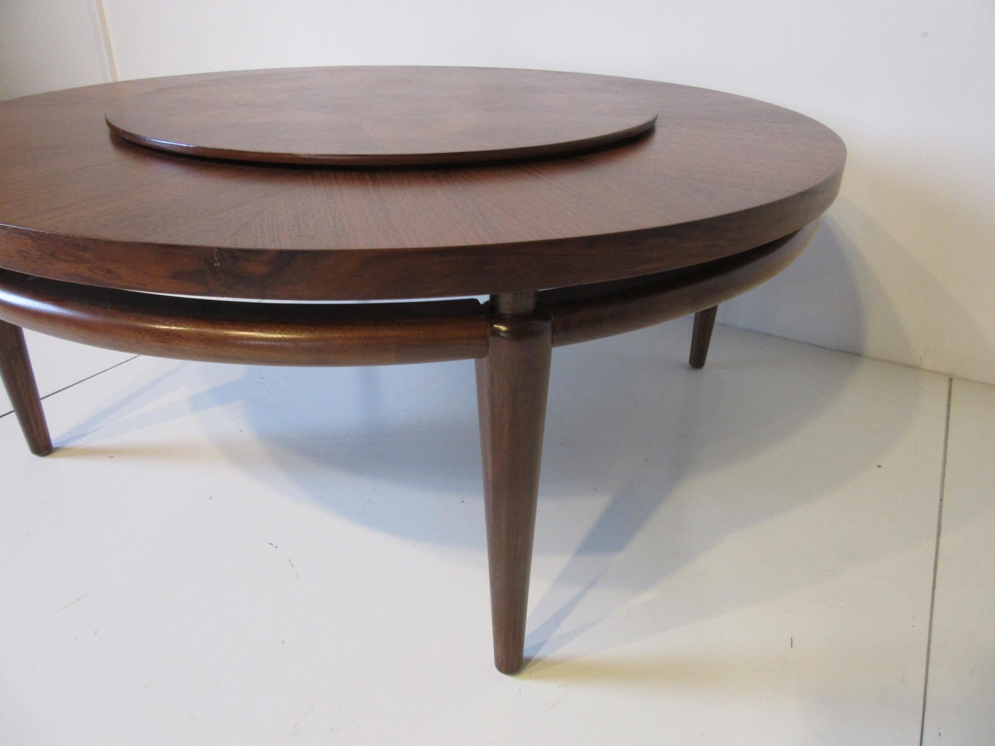 American T.H. Robsjohn Gibbings Styled Walnut Coffee Table with Lazy Susan Center