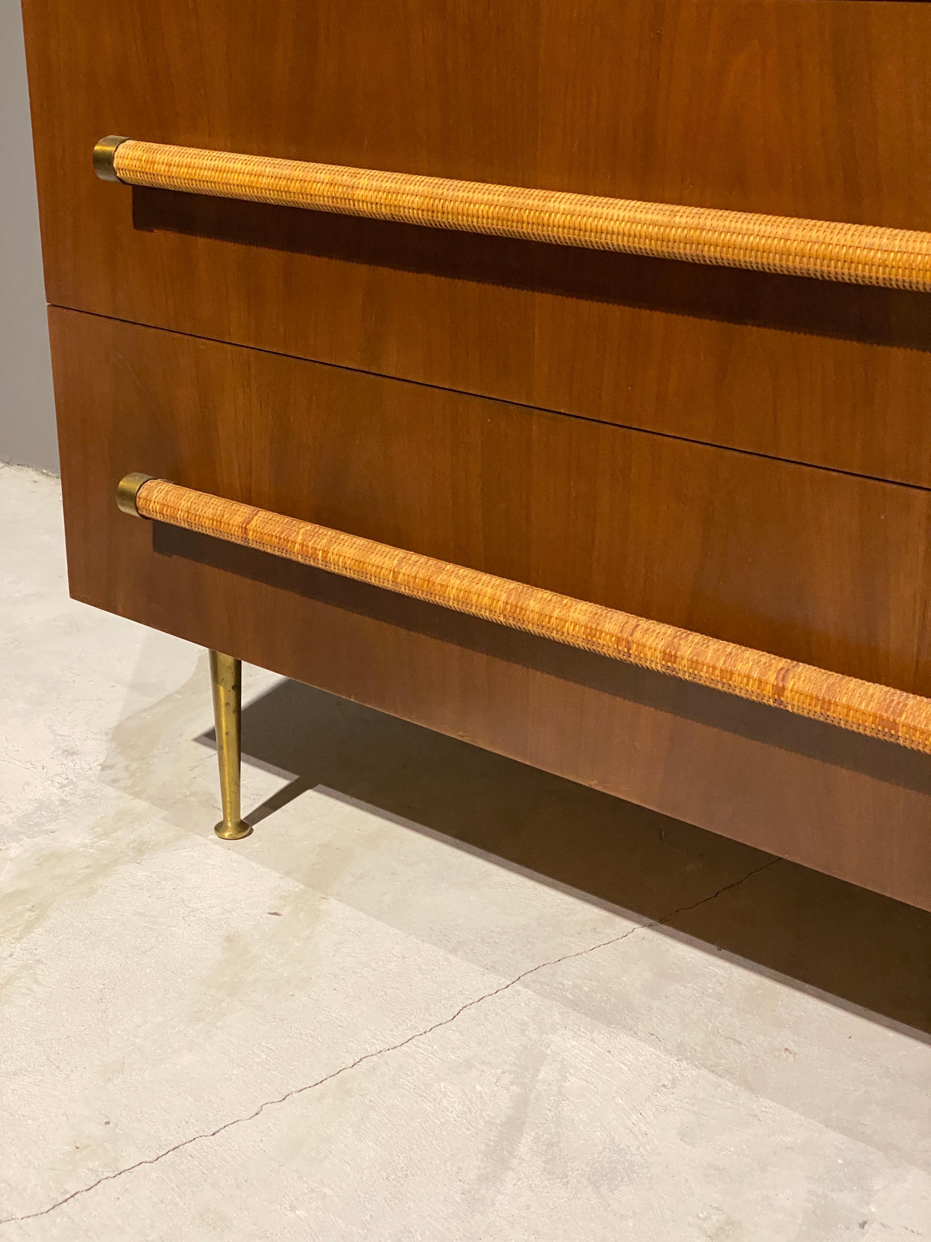 T.H. Robsjohn-Gibbings, Tall Dresser in Walnut, Rattan and Brass, circa 1950 1