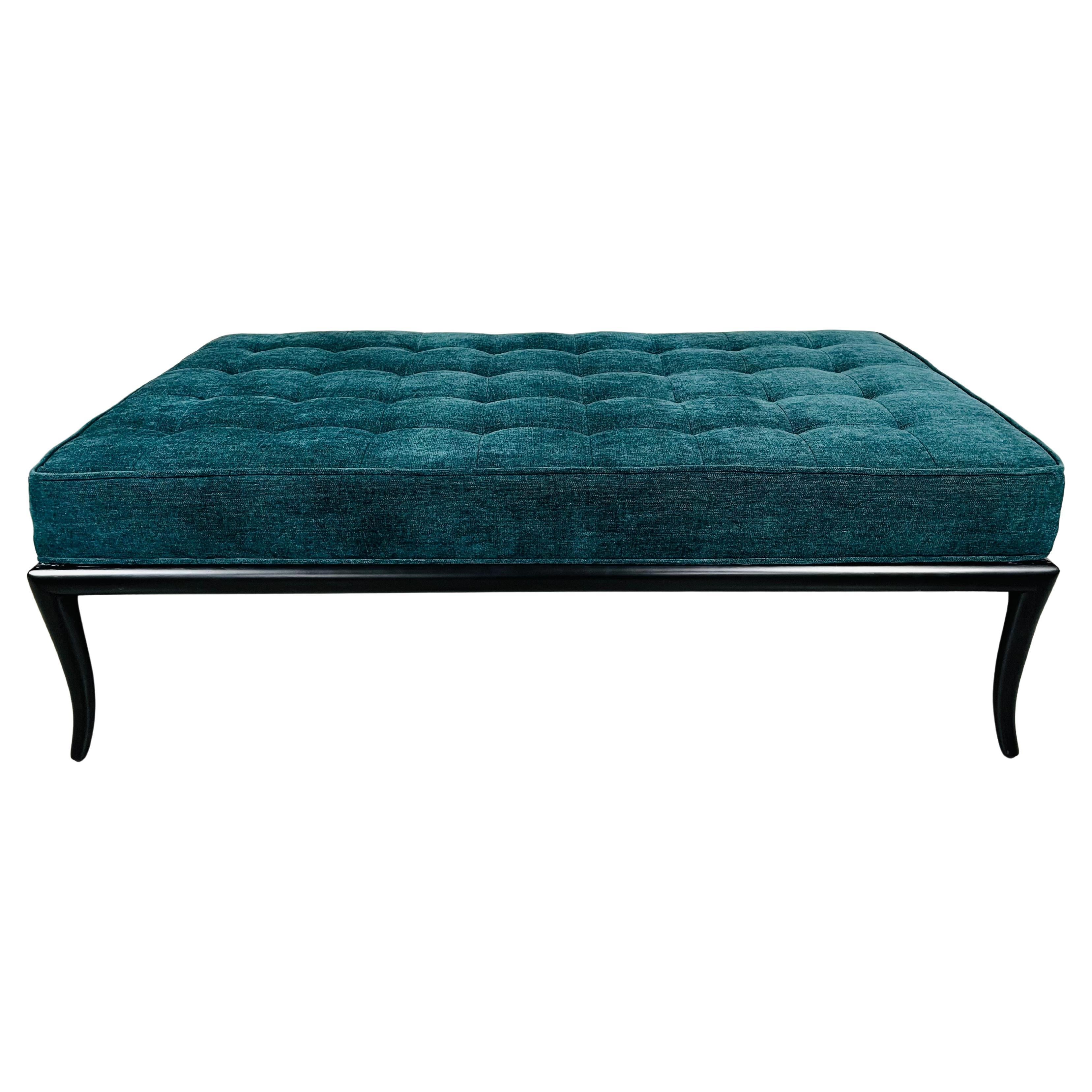 T.H. I John Gibbings Teal Blue Velvet Sabre Leg Bench By John Widdicomb