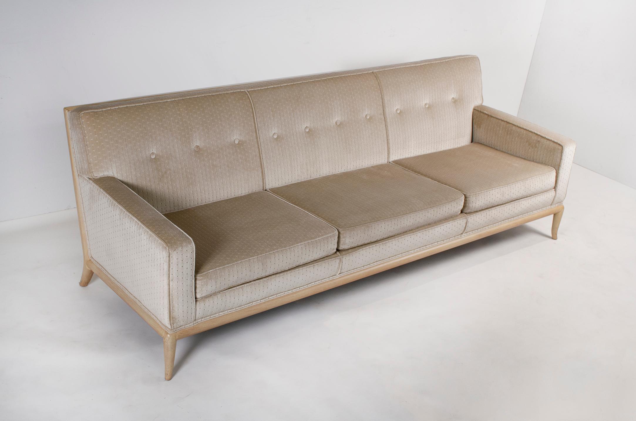 Mid-Century Modern T.H. Robsjohn Gibbings Three-Seat Sofa Custom Bleached Walnut Frame Widdicomb