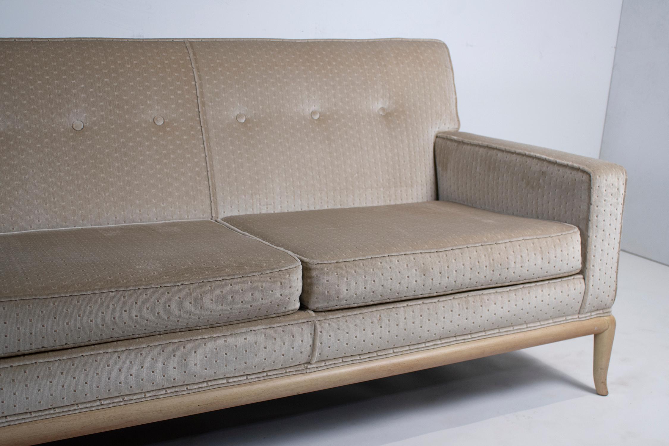 20th Century T.H. Robsjohn Gibbings Three-Seat Sofa Custom Bleached Walnut Frame Widdicomb