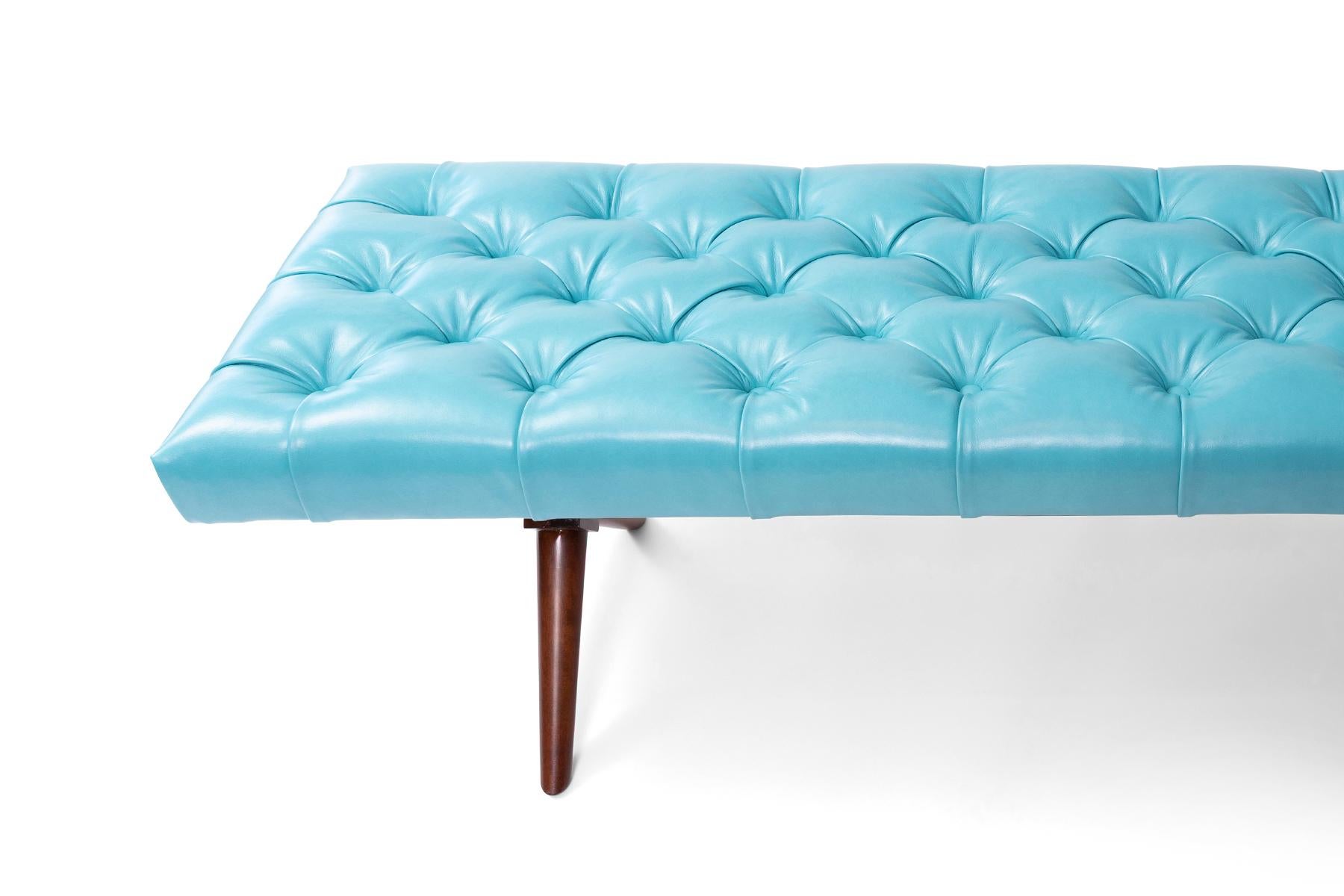 Mid-Century Modern Gibbings 1950s Button-Tufted Turquoise Leather & Mahogany Bench