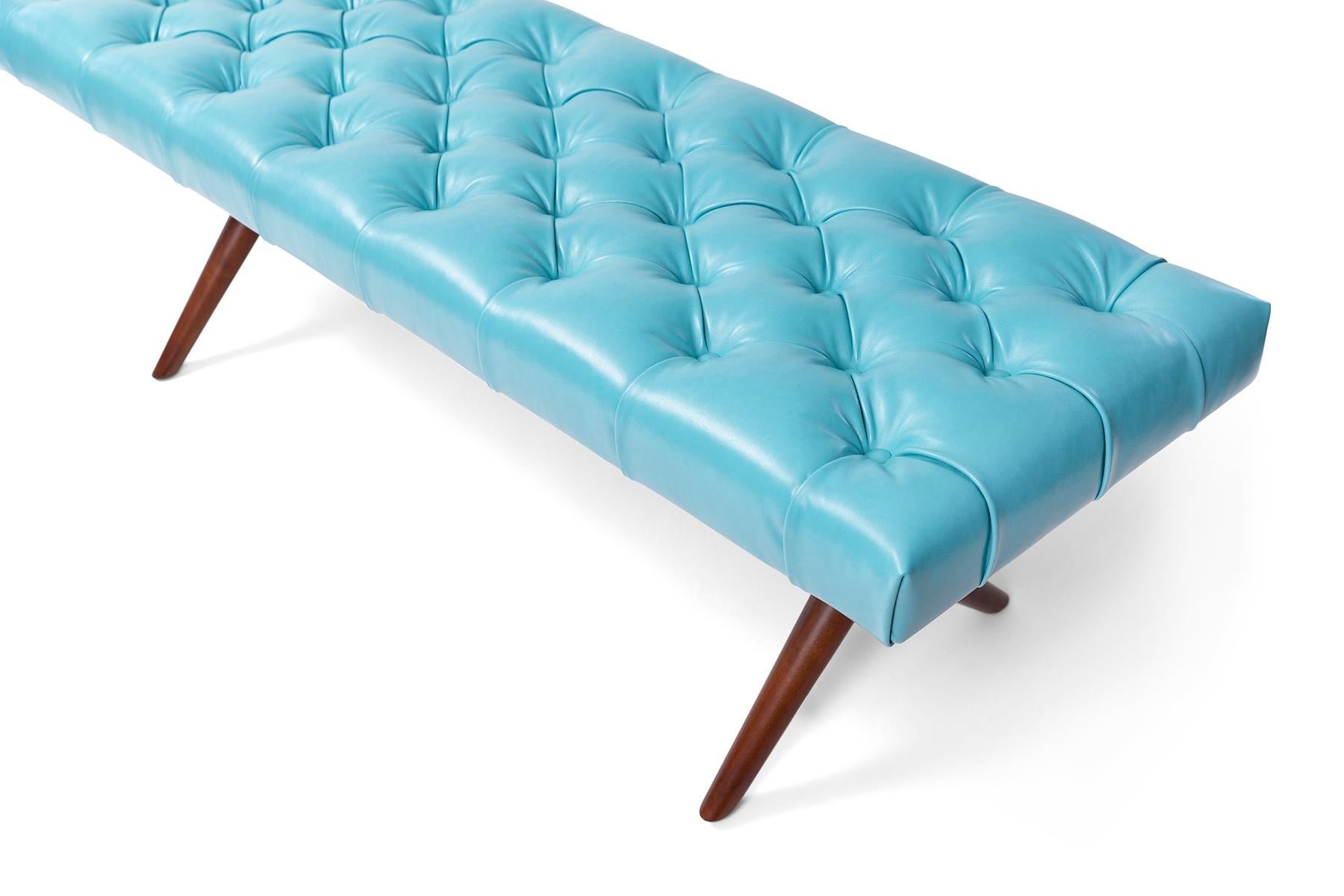 American Gibbings 1950s Button-Tufted Turquoise Leather & Mahogany Bench